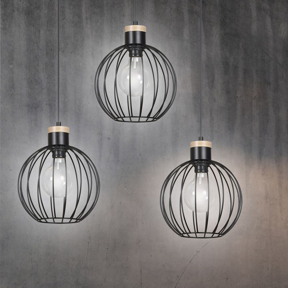 Lampe à suspendre Rétro Noir Métal Boule Abat-jour 3 flammes