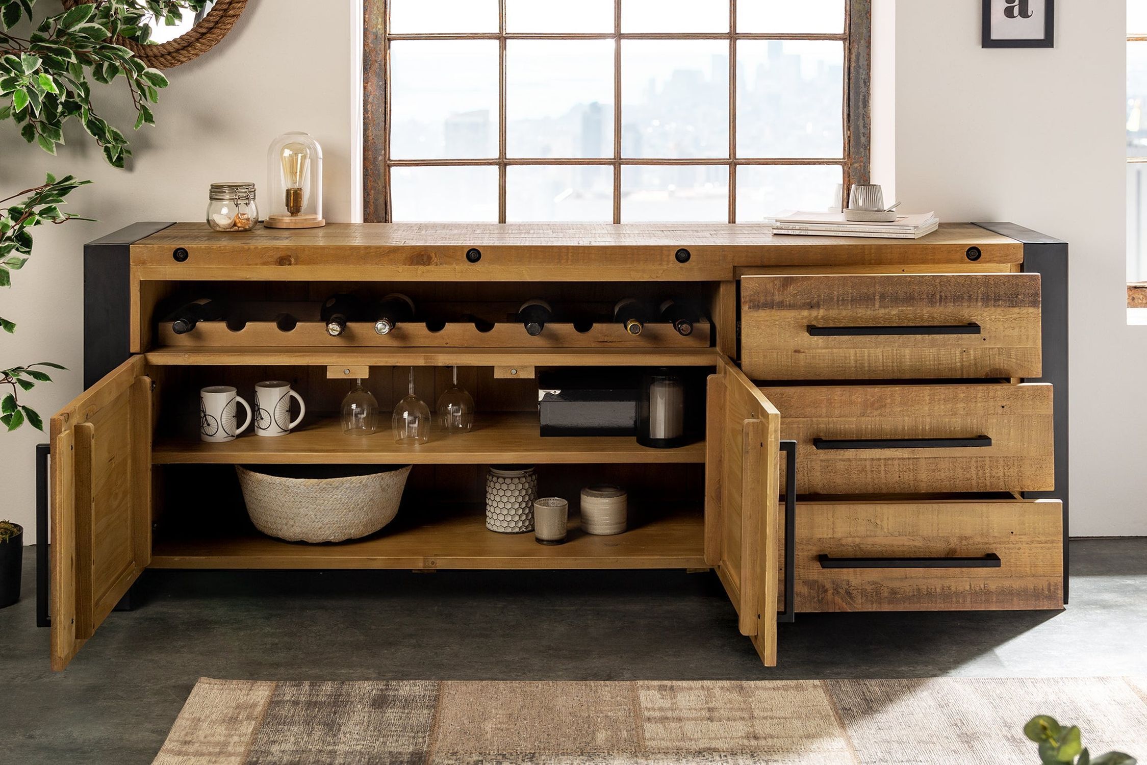 Großes Sideboard Holz Eisen 195 cm breit Industrial Design Moebel, Anrichte, Innenarchitektur, Holz, Tabelle
