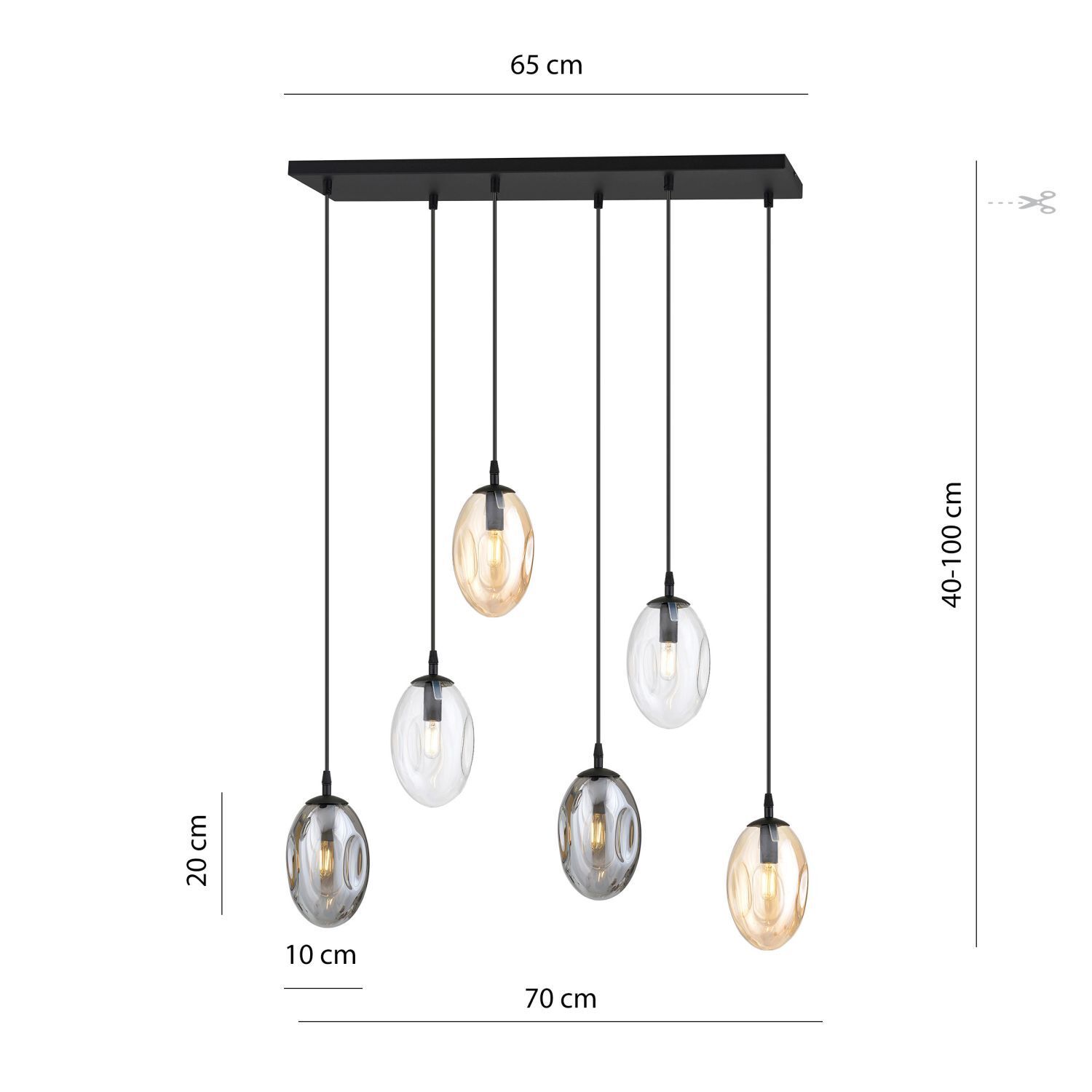 Lampe à suspendre 6 flammes verre fumé 70 cm de large CARLU