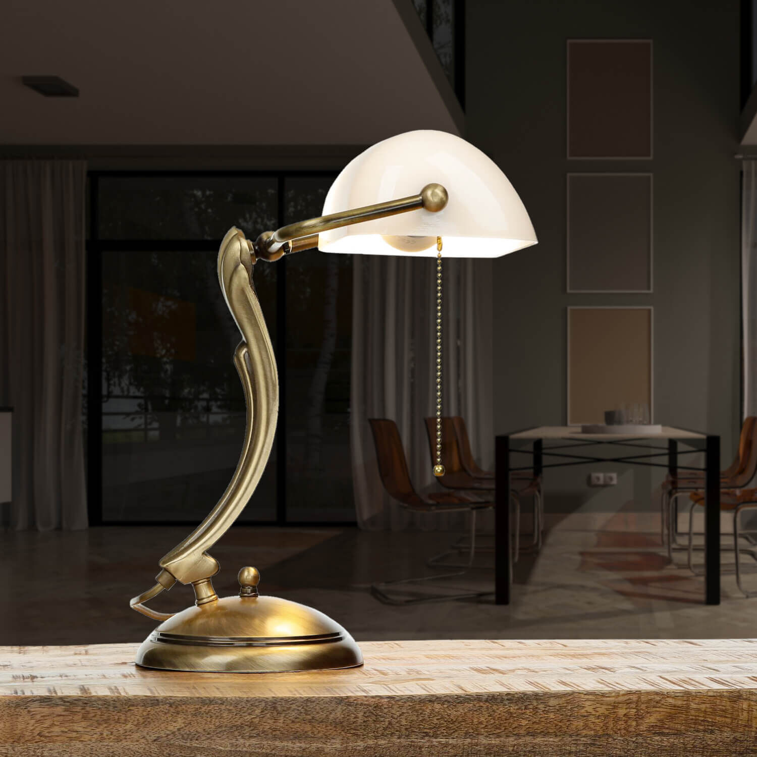 Lampe de banquier bronze en laiton avec abat-jour blanc Lampe, Tischlampe, Stuhl, Mobiliar