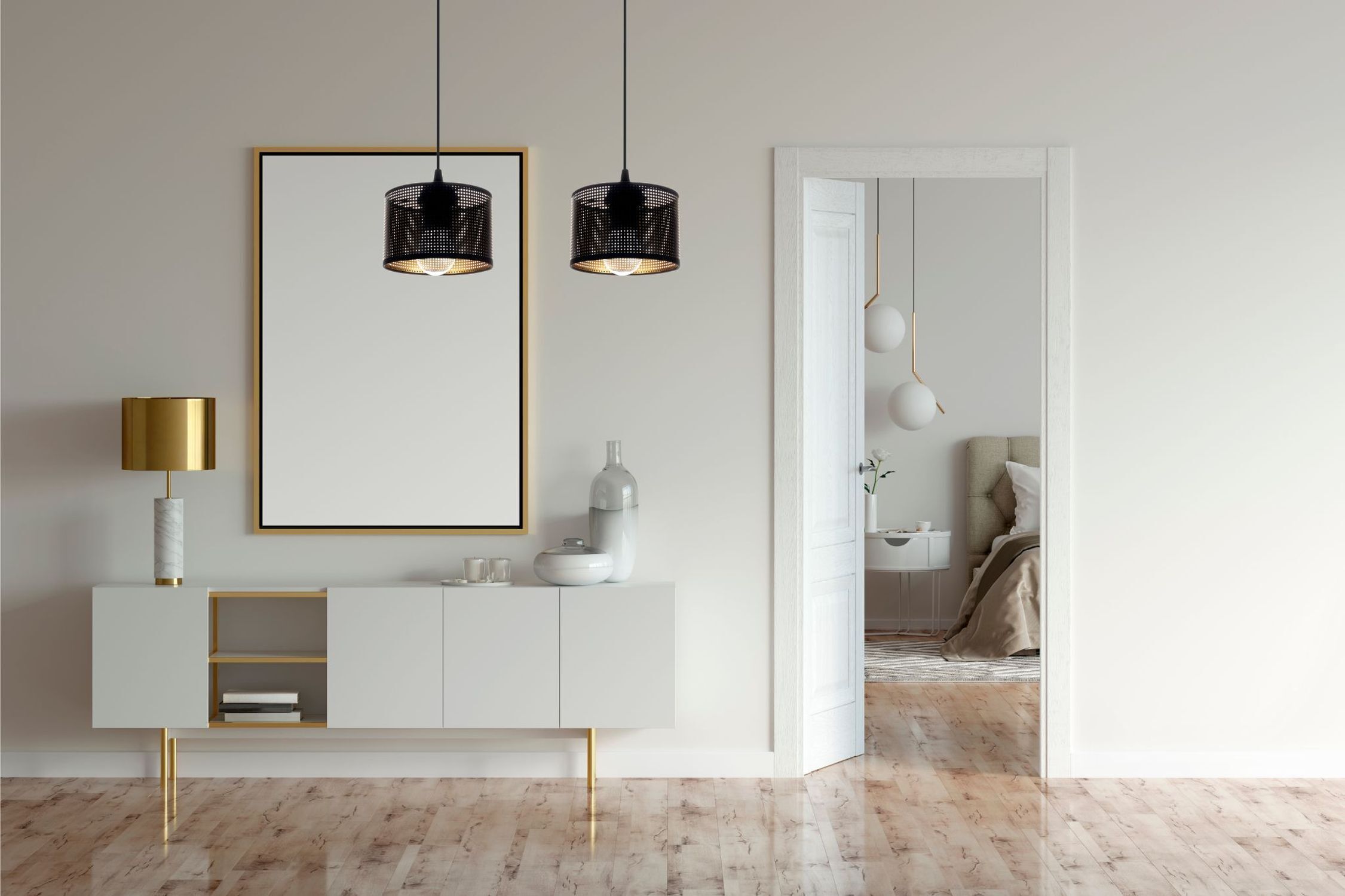 Longue lampe à suspendre métal noir or E27 2-flmg 45 cm Drinnen, Innenarchitektur, Lampe, Anrichte, Fußboden