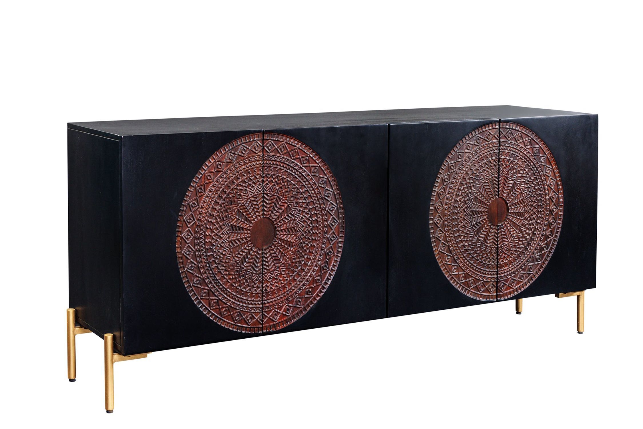 Buffet 160 cm bois métal noir cuivre or artisanat
