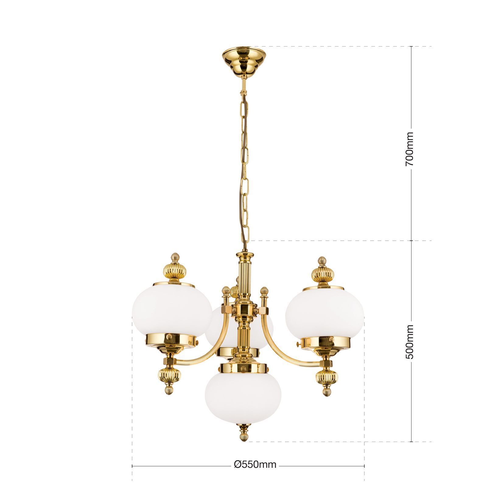 Kronleuchter Echt-Messing Glas E27 55 cm breit VIKTOR Kristall-Luster, Goldene Oberfläche, Dreifach-Arm-Lampe, Glaskugeln, Deckeneinbau