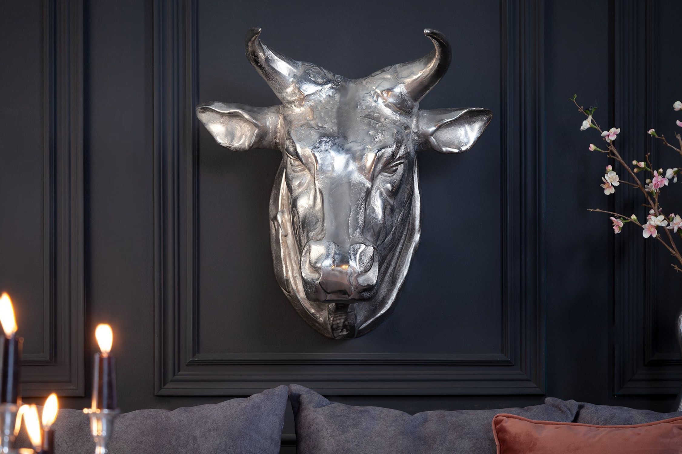 Décoration murale Tête de taureau en métal argenté L : 65 cm Trophée de chasse Kerze