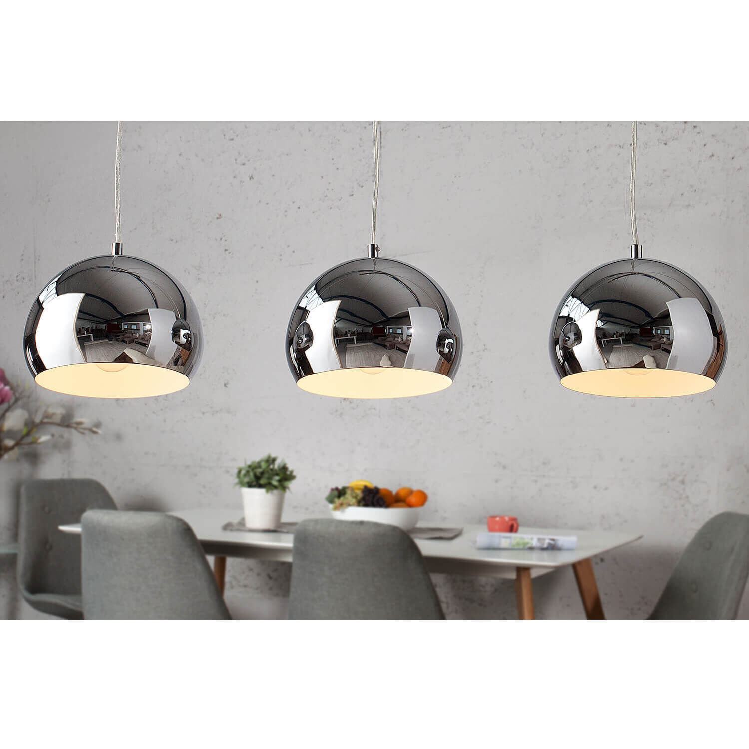 Lampe à suspendre Boule Chrome Salle à manger Lampe 3 feux Deckenleuchte, Leuchte, Stuhl, Mobiliar, Pflanze