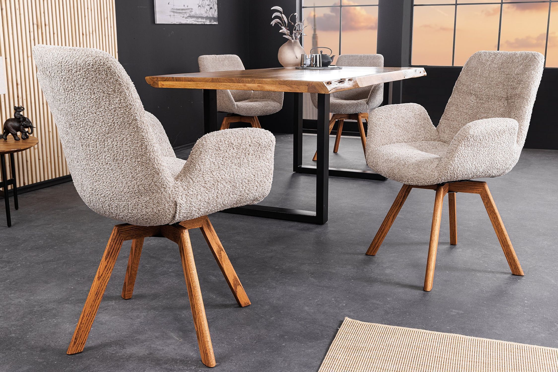 Esszimmerstuhl Bouclé Holz in Beige Natur Skandinavisch Moebel, Fußboden, Stuhl, Tabelle, Drinnen