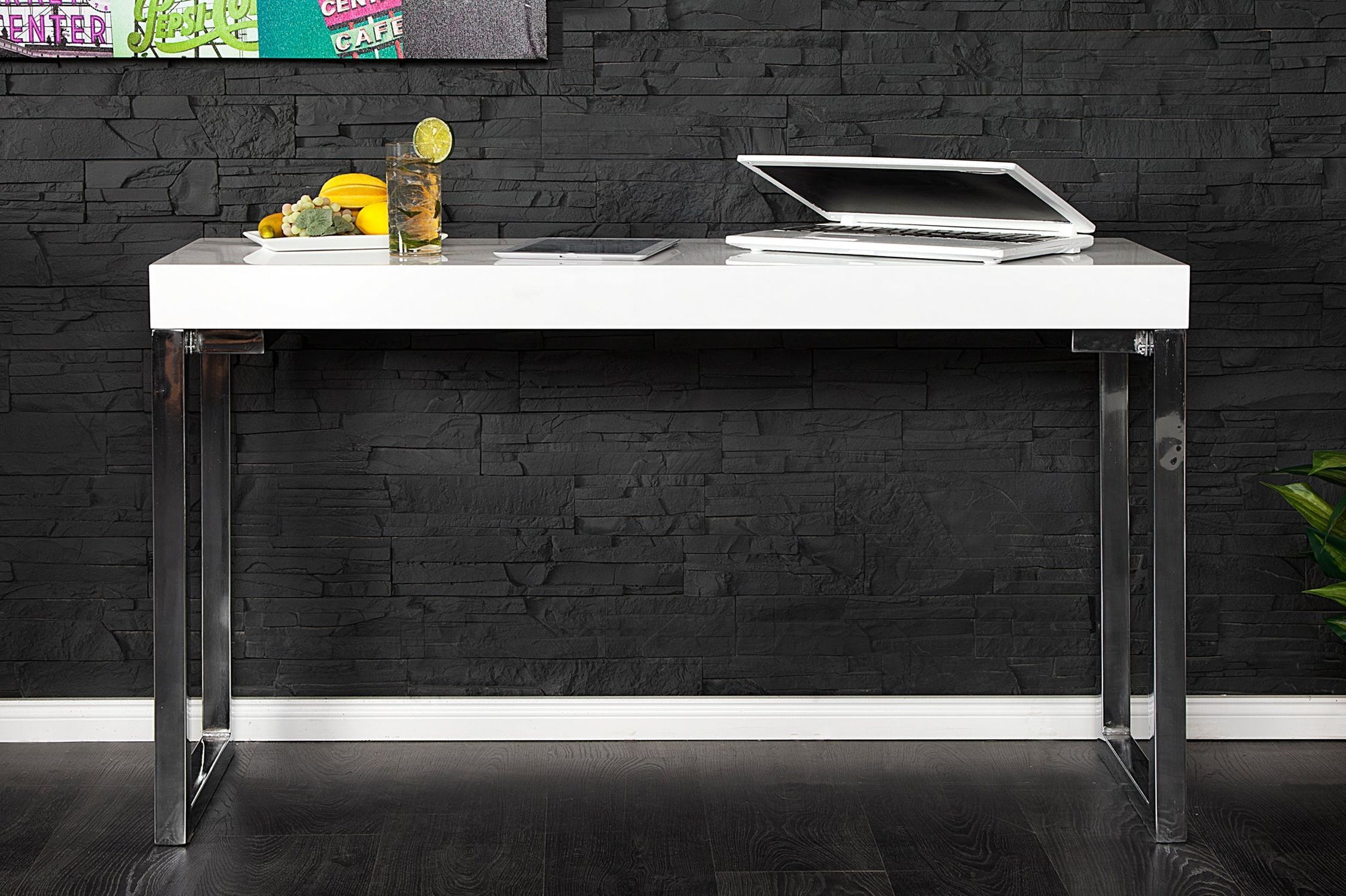 Bureau blanc chromé 120 x 75 cm brillant Schreibtisch, Mobiliar, Tabelle