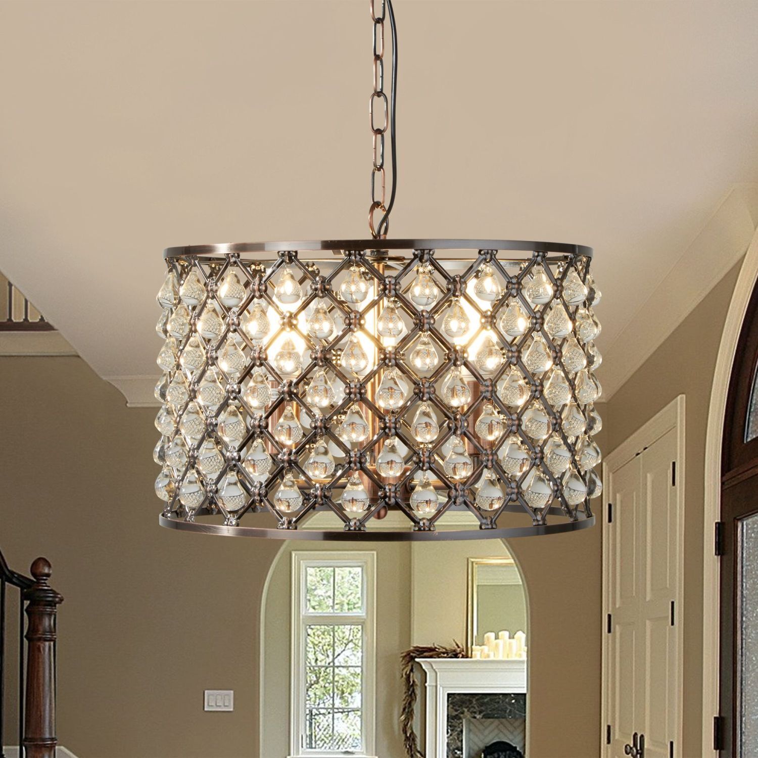 Suspension cristal Ø 38 cm 3x E14 en cuivre antique