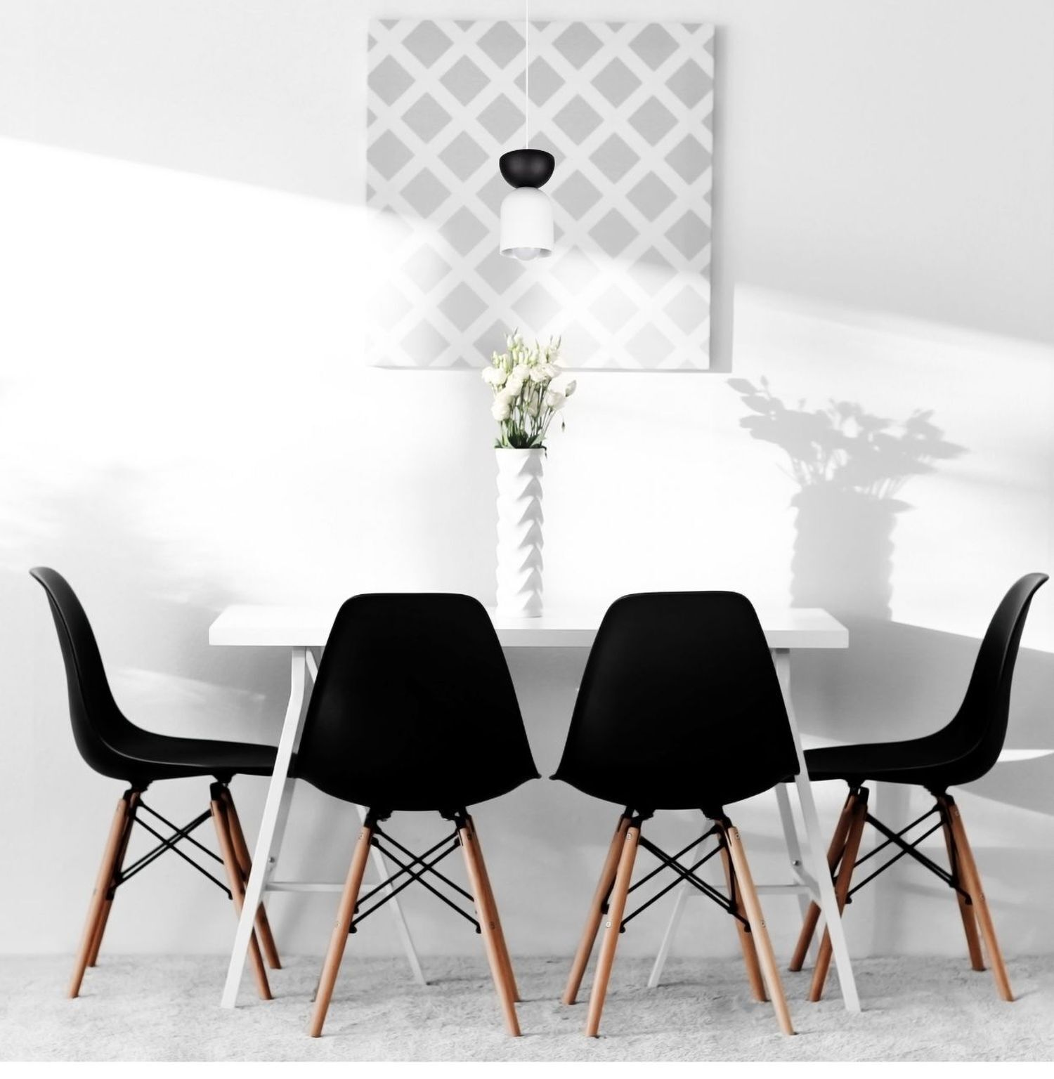 Minimalistische Hängelampe Weiß Schwarz E27 Ø11 cm rund Esstisch, Stühle, Holzbeine, Schwarz, Deko