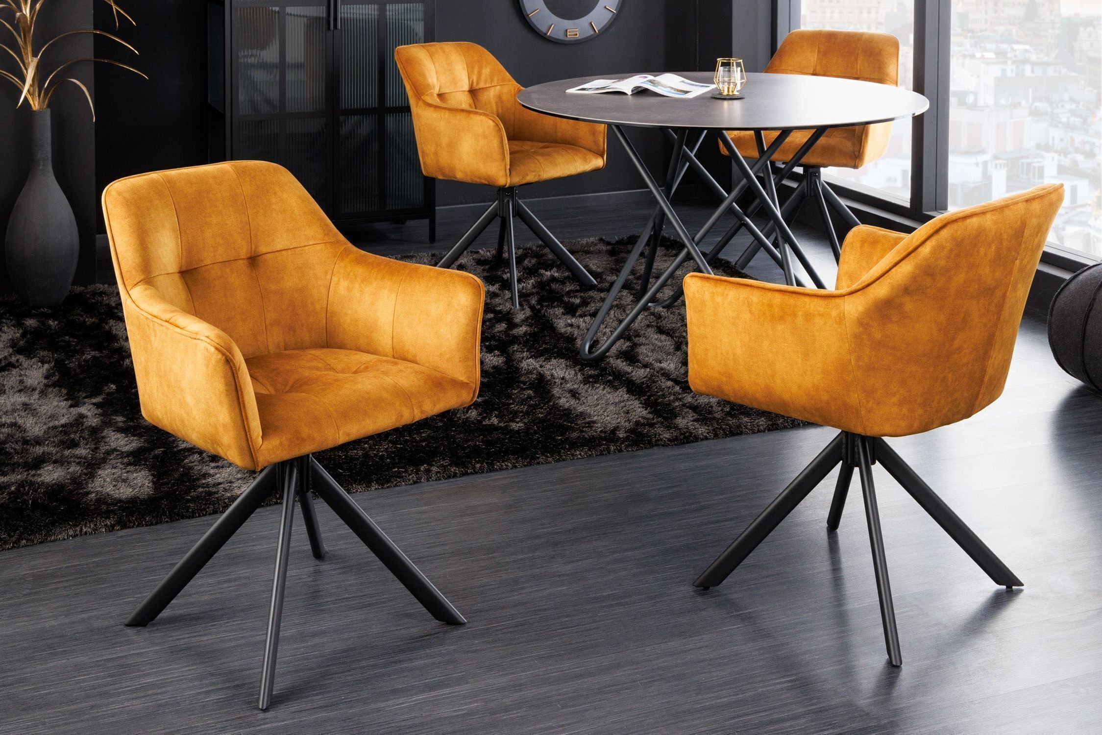 Chaise pivotante sans roulettes velours métal jaune noir avec accoudoirs