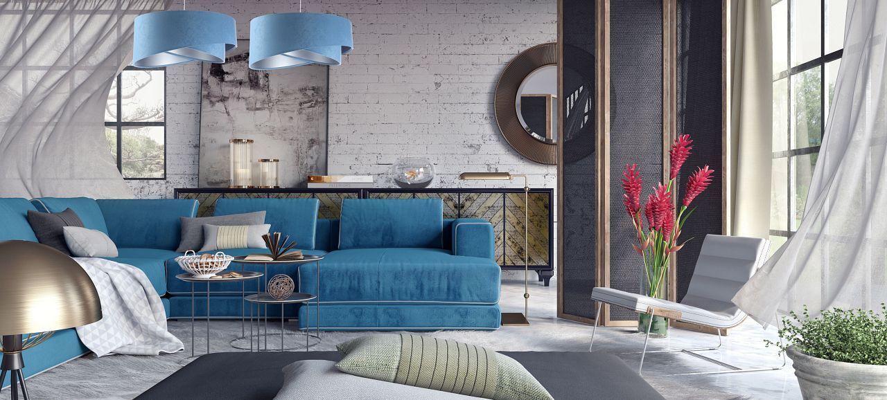 Suspension Bleu Argent E27 ronde Ø 50 cm Aspect velours