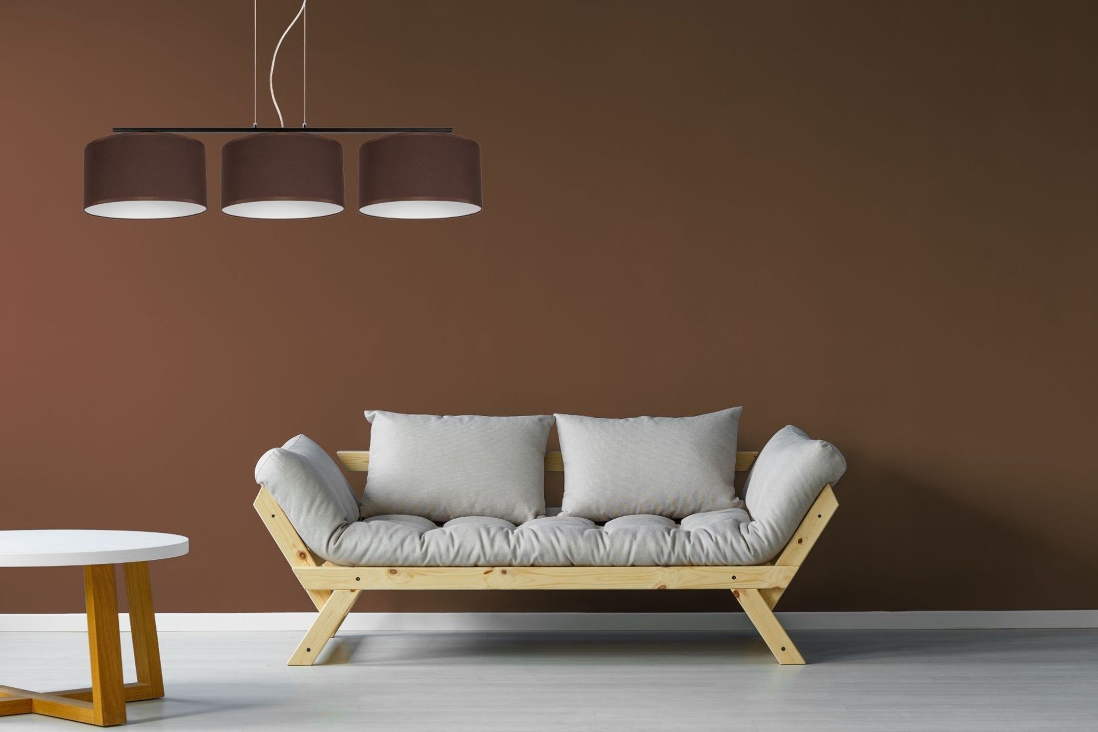 Gemütliche Hängelampe Stoff Schwarz Braun E27 L:100 cm sofa, couch, wooden frame, cushions, braune wand