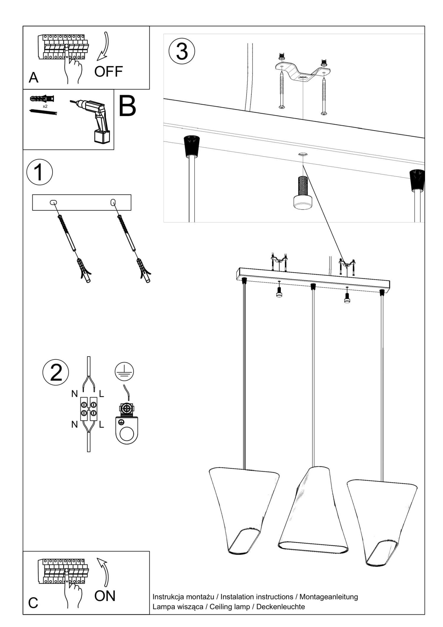 Lampe à suspendre 3 flammes Blanc Abat-jour en tissu E27 Moderne