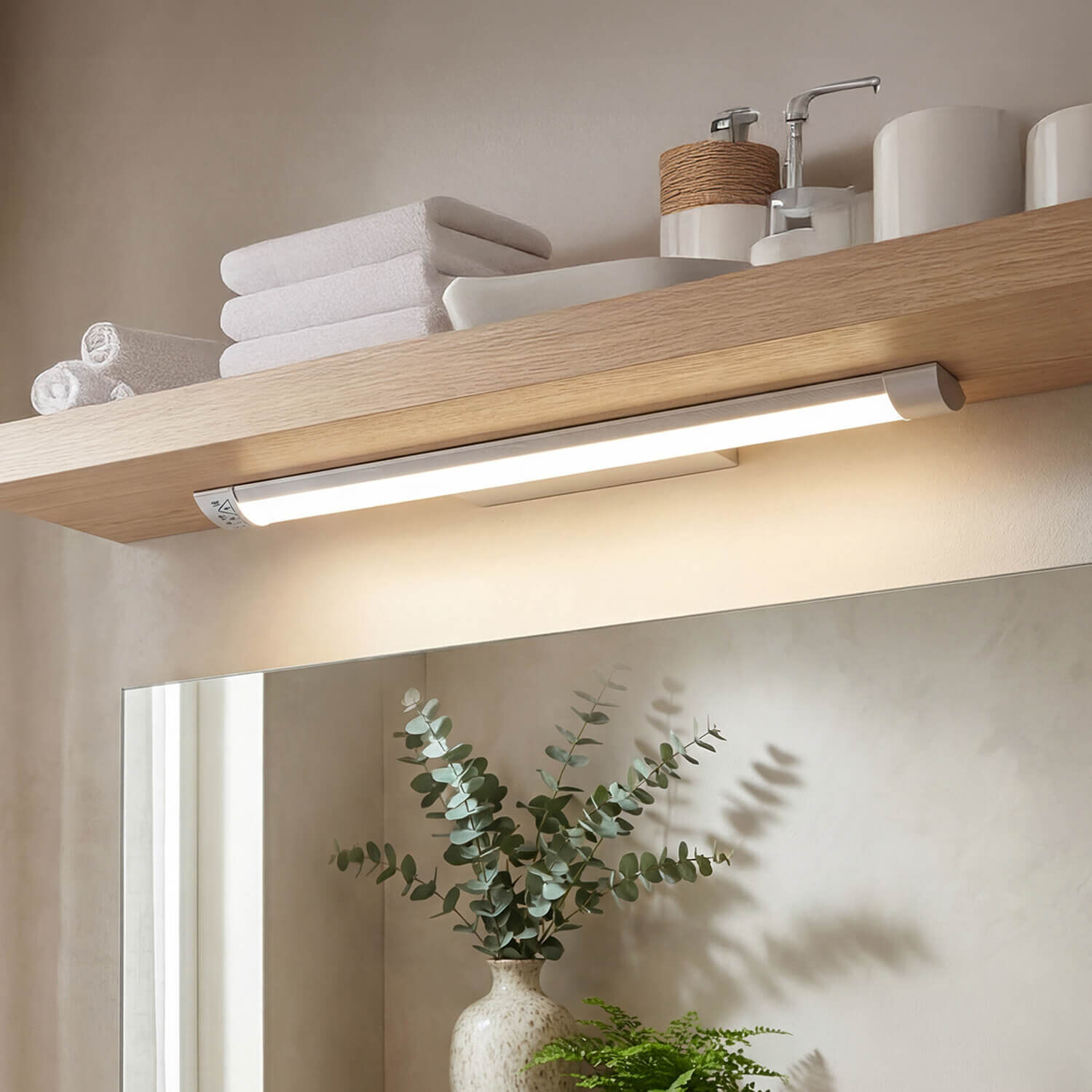 LED-Licht, Unterbauleuchte, Badezimmerleuchte, HolzRegal, Handtücher