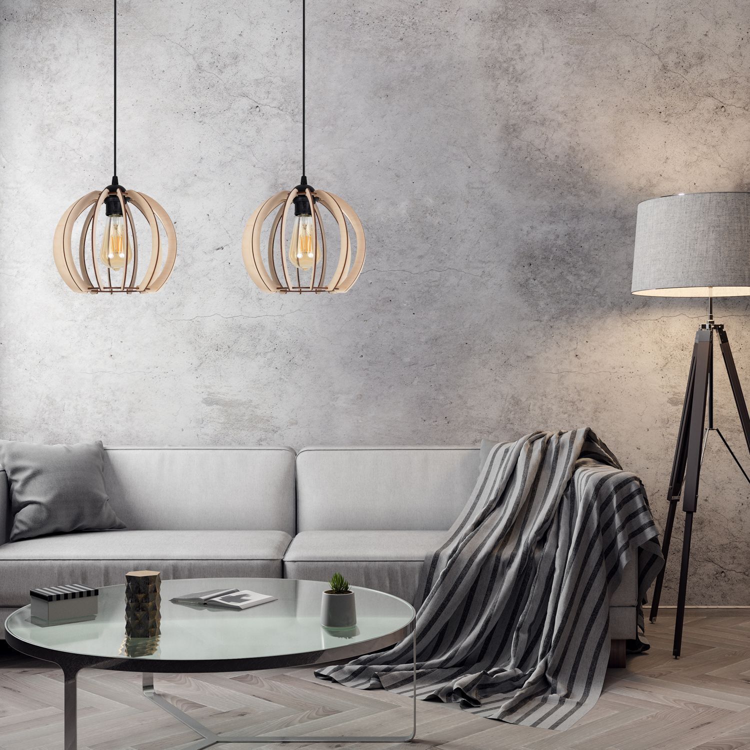  Pendelleuchten, Holzrabe, Wohnzimmer, Betonwand, Sofagarnitur