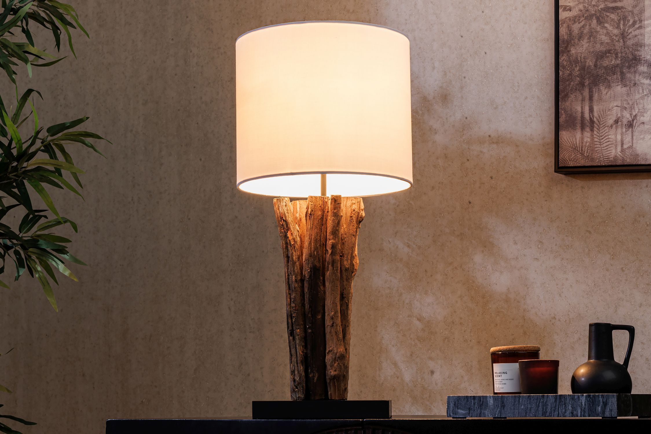 Tischleuchte Holz Stoff Weiß 58 cm groß E27 blendarm Lampe