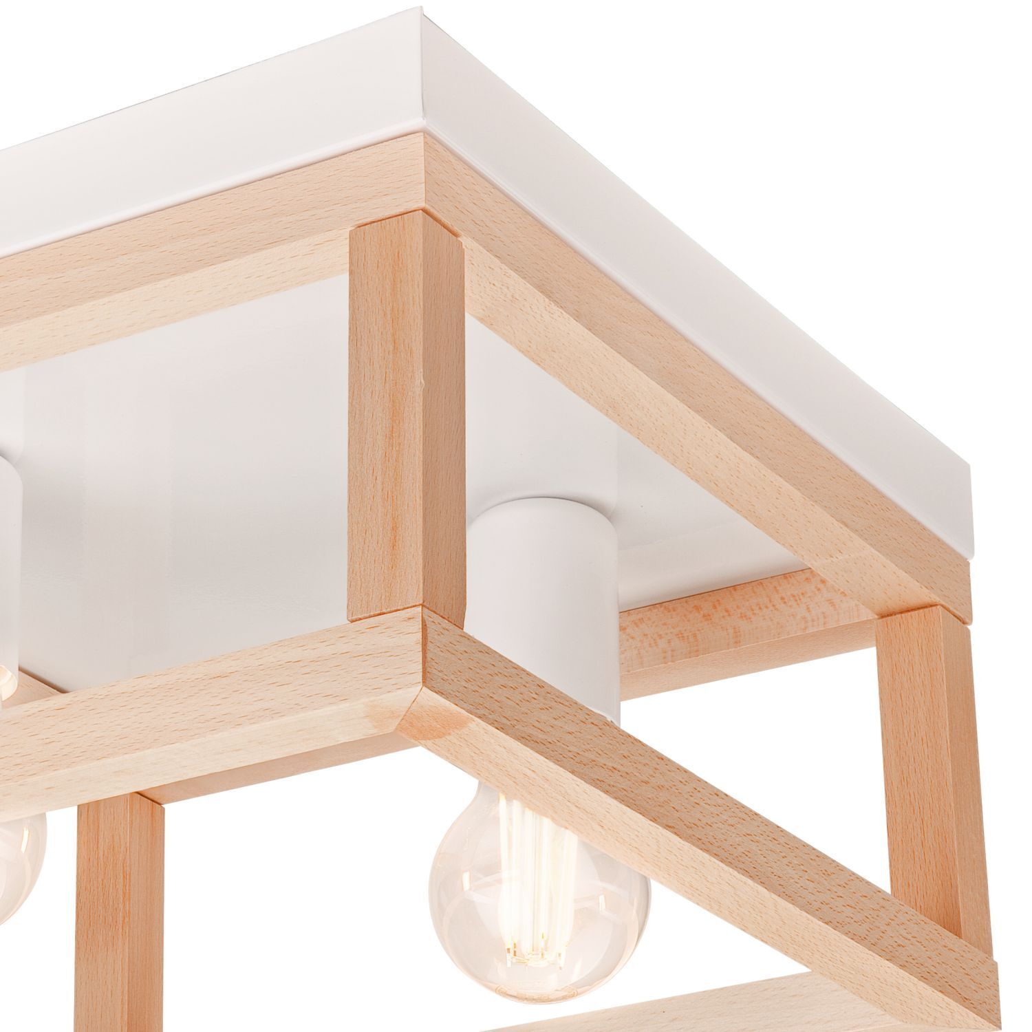 Plafonnier bois métal L : 30 cm carré naturel blanc 2x E27