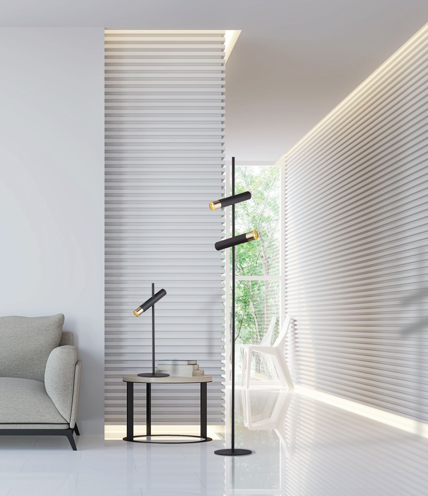 Lampadaire LED ajustable 151 cm en noir or 3000 K