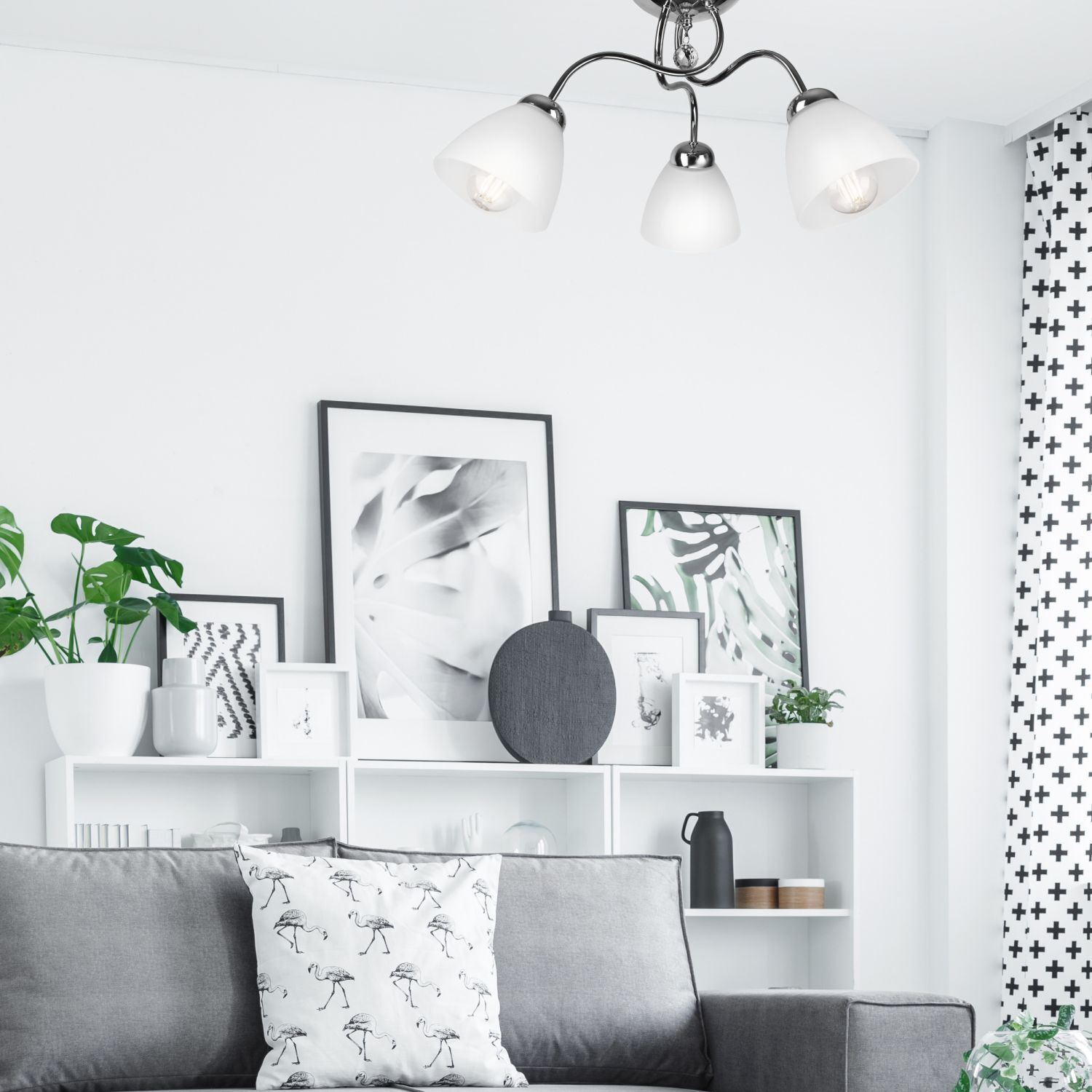 Lampe de plafonnier confortable Abat-jour en verre L:50 cm E27 en chrome Dekoration für Zuhause, Innenarchitektur, Wohnzimmer, Pflanze, Lampe