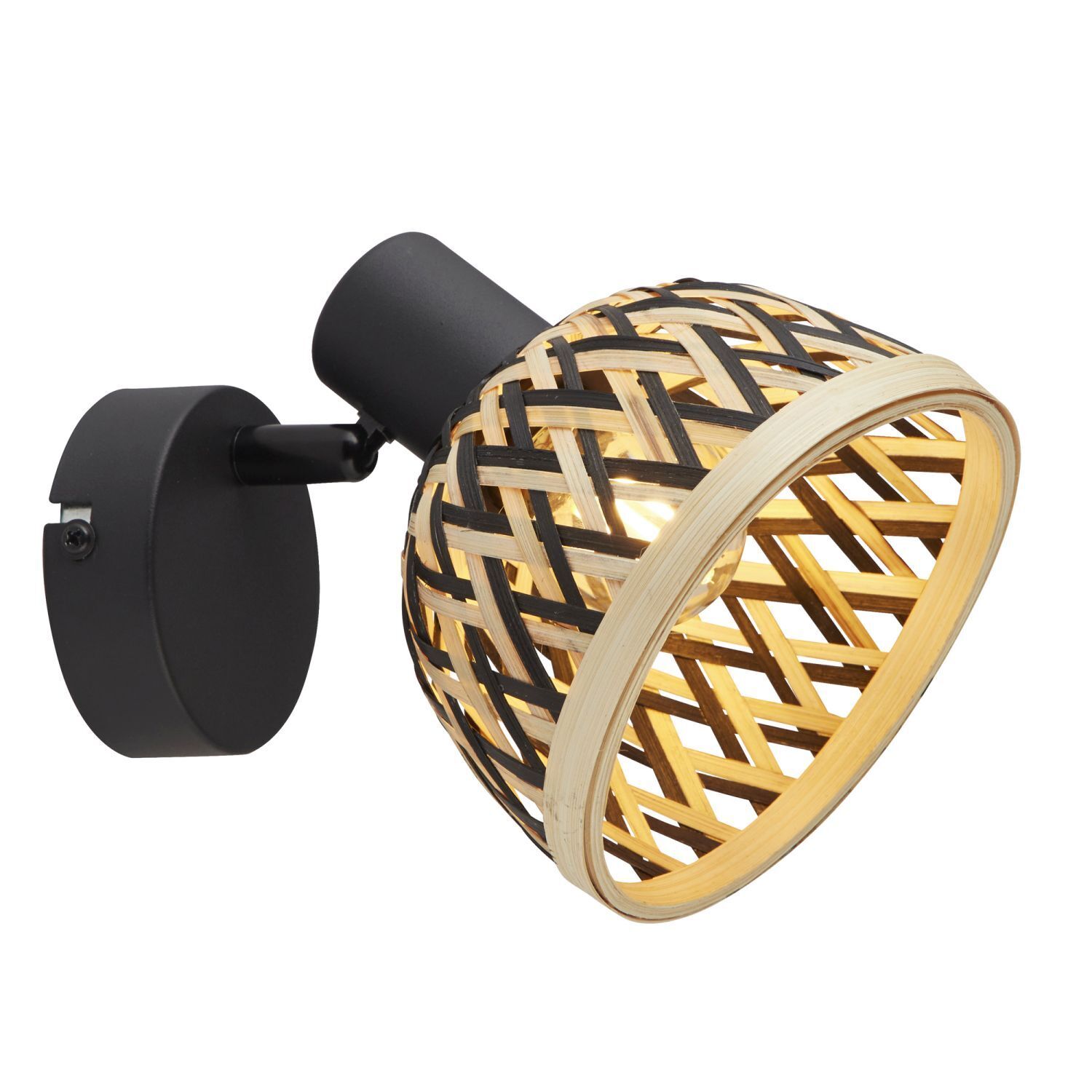 spots-aufbaustrahler-wandspots-wohnzimmerbeleuchtung-gonzalez-1x-e14-bis-40-w-schwarz-natur-baustahl-bambus-le95651-01 Wandleuchte, Leuchte, Wandlampe, Licht, Korb-Lampenschirm
