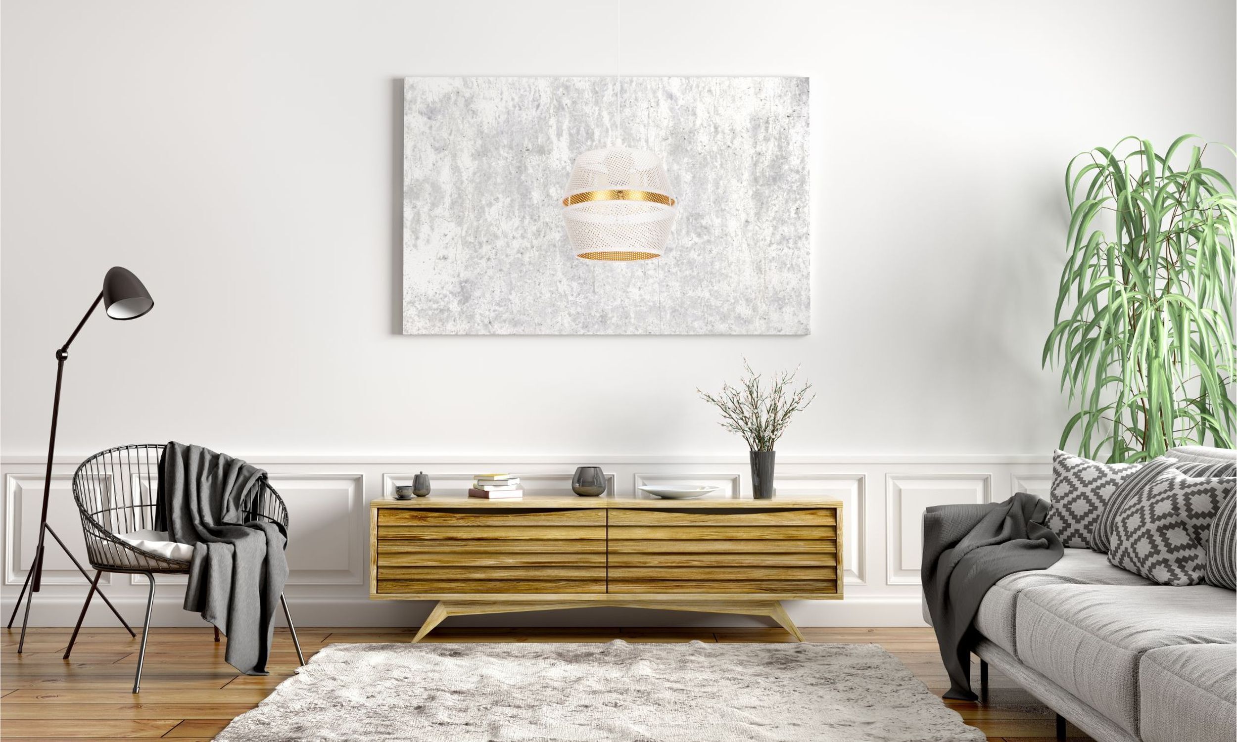 Elégante lampe suspendue métal blanc or E27 Ø20 cm ronde