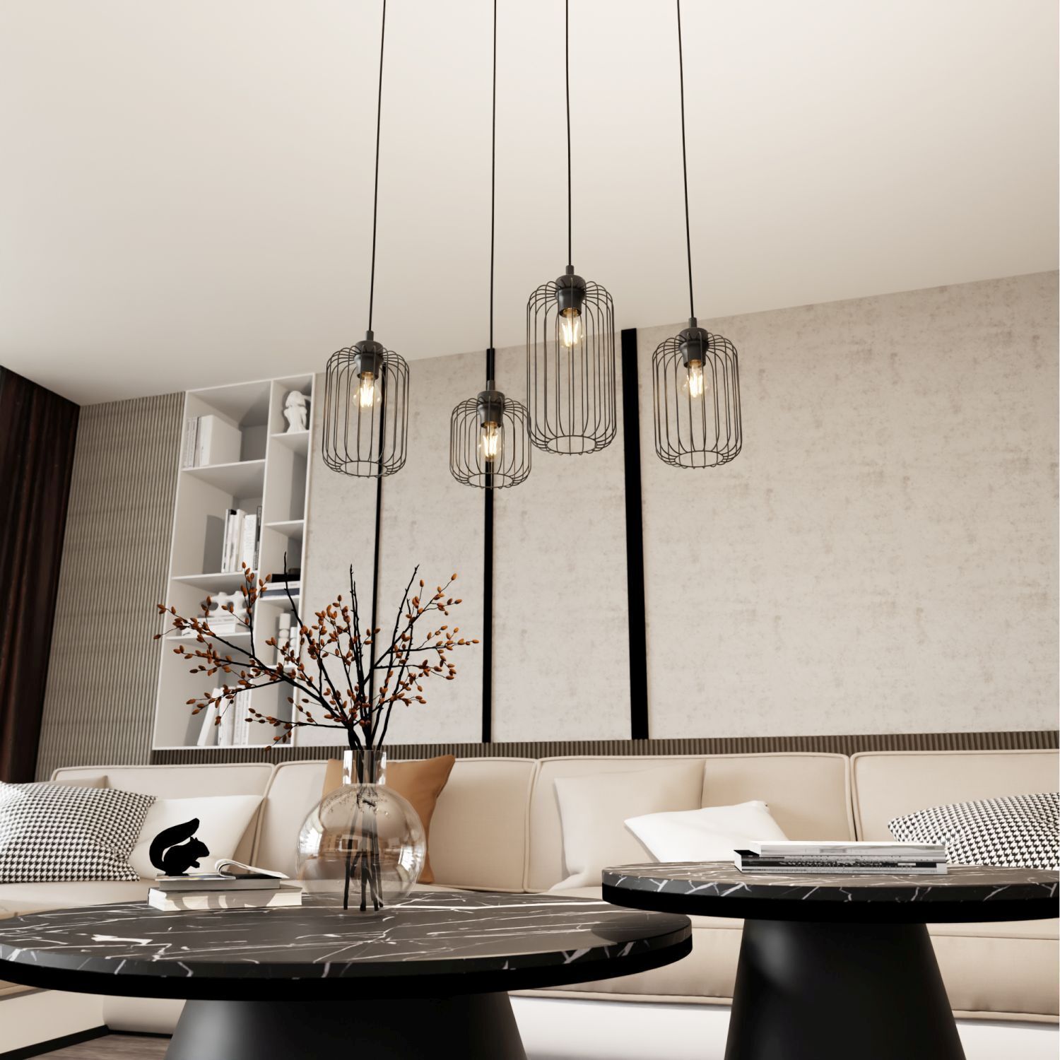 Lampe à suspendre décorative noire métal 70 cm 4 flammes