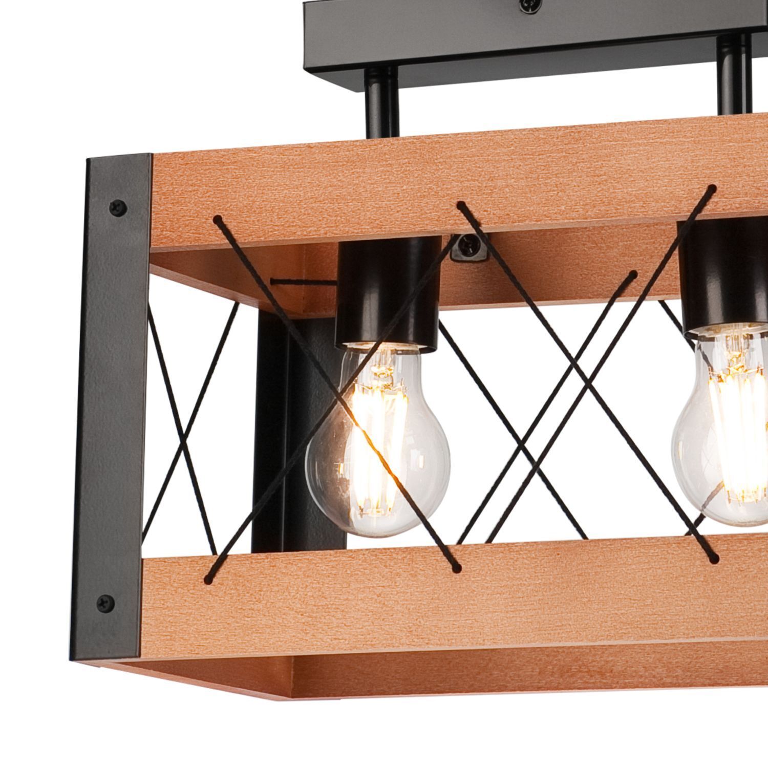 Plafonnier Rustikal carré L : 33 cm 2x E27 bois métal
