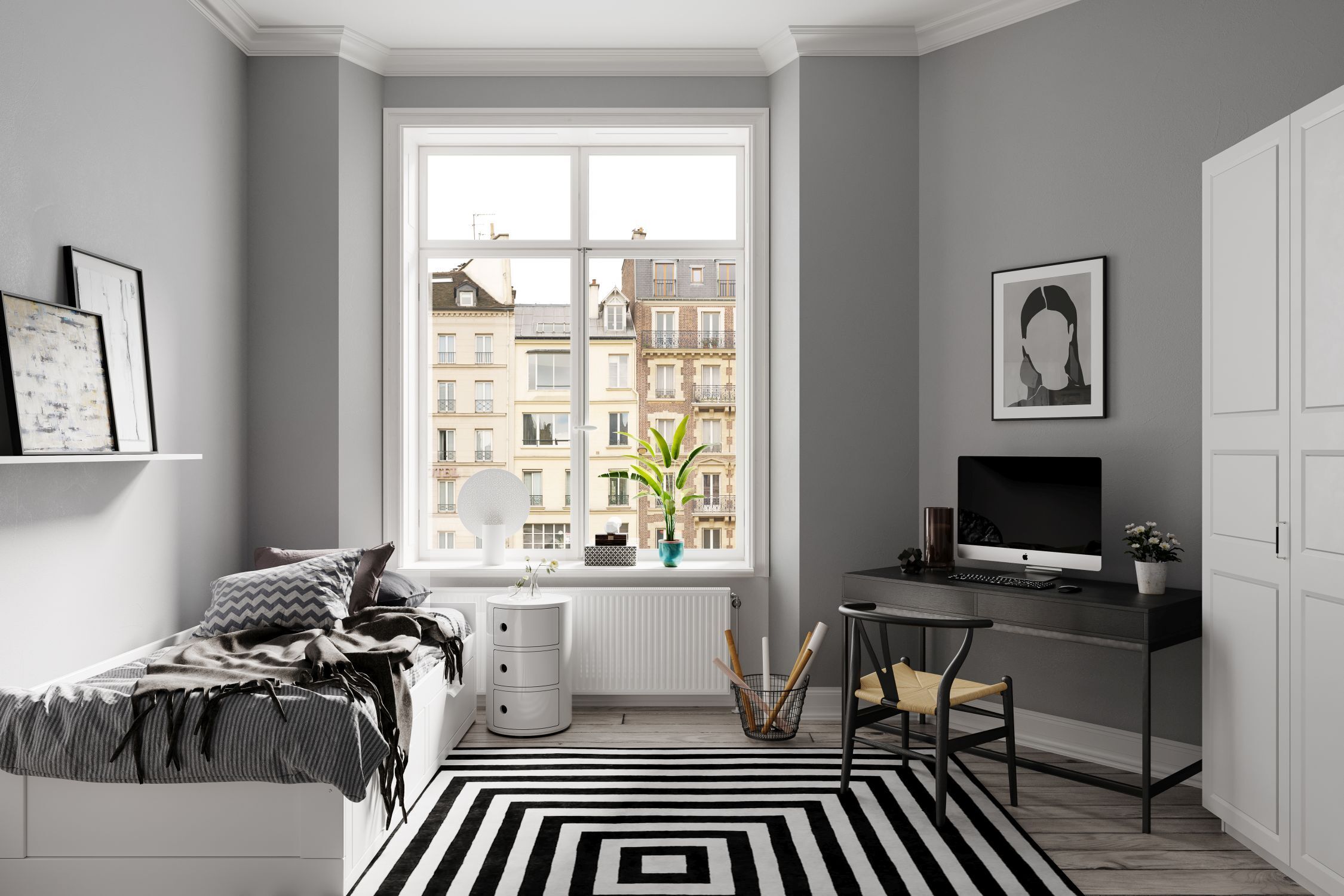 Schlafzimmer, Bett, Schrank, Schreibtisch, Computer