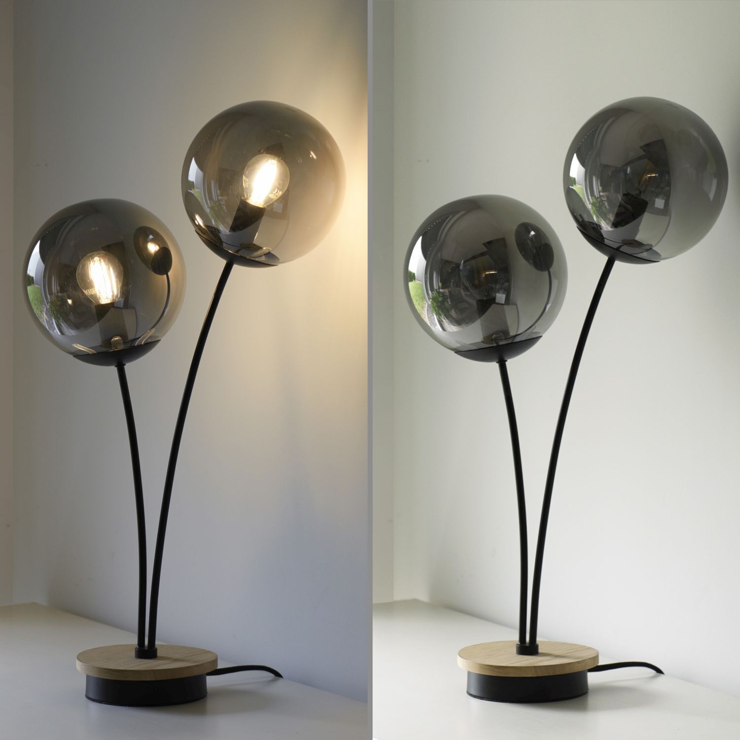 Lampe de table stylée verre fumé bois E14 60 cm 2 flammes Lampe