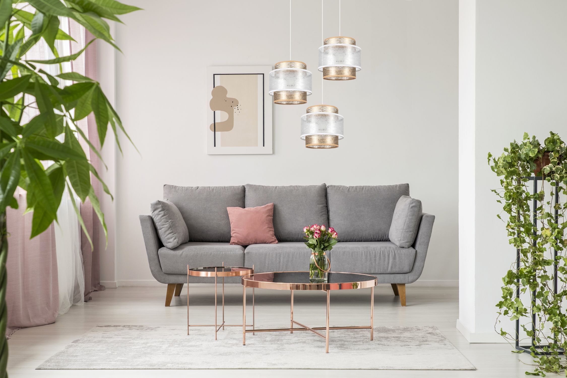 Blendarme Lampe à suspendre Abat-jour en tissu blanc or E27 L:38 cm