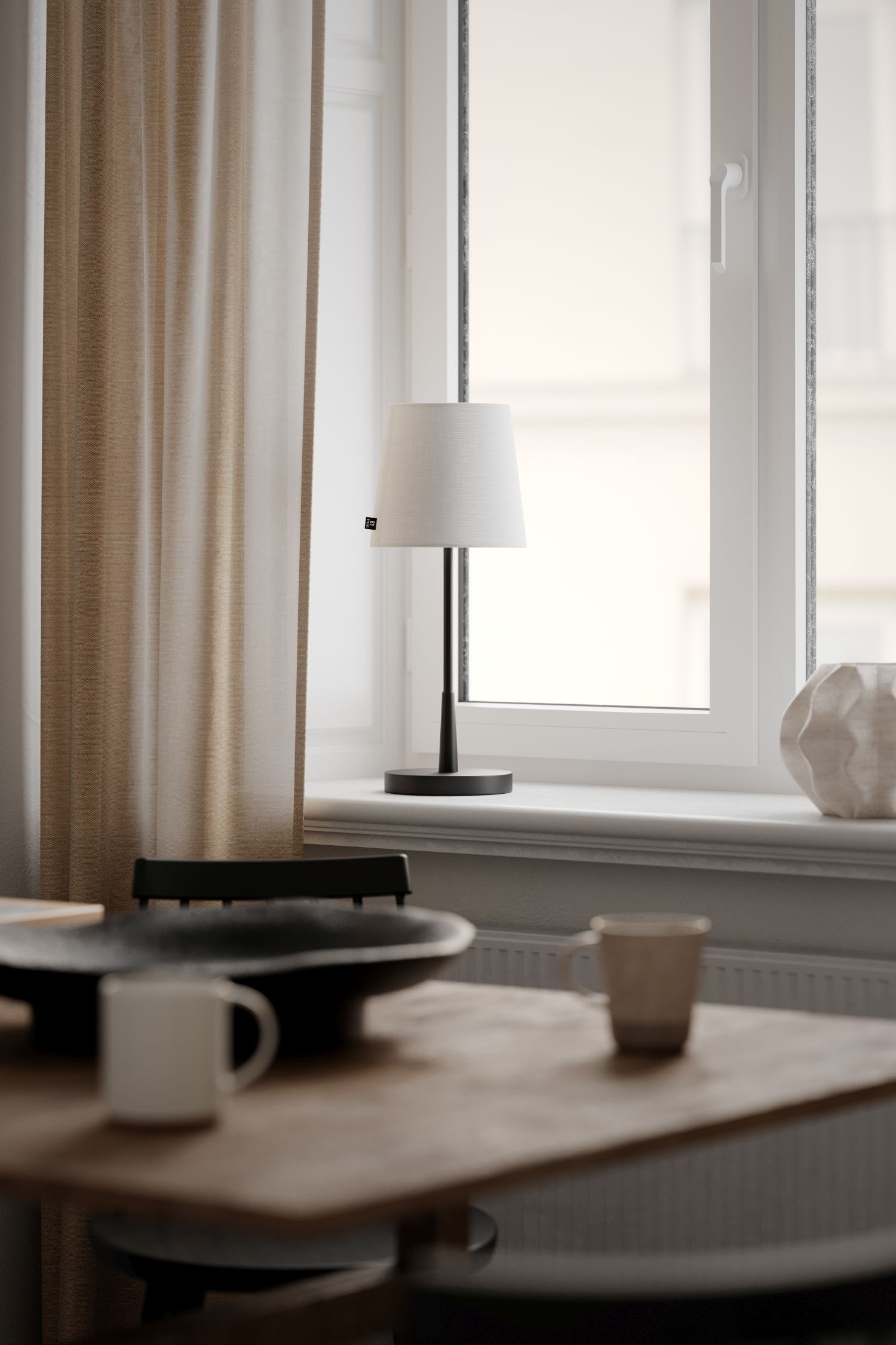Lampe de table métal tissu 48,5 cm de haut E27 noir blanc Lampe, Tasse, Fenster, Fensterbank, Tischplatte