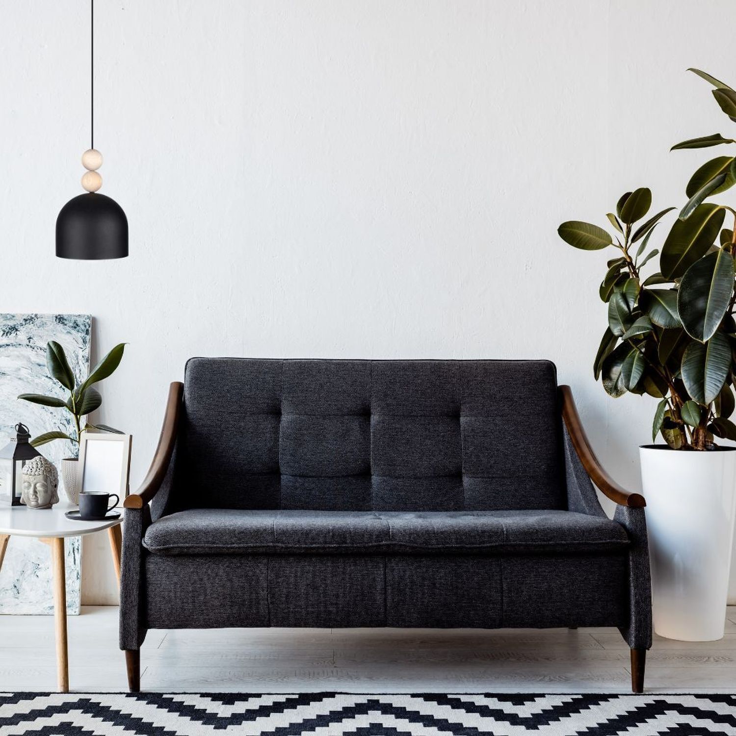 Suspension noire métal bois Ø17 cm E27 confortable Moebel, Couch, Dekoration für Zuhause, Pflanze, Kissen