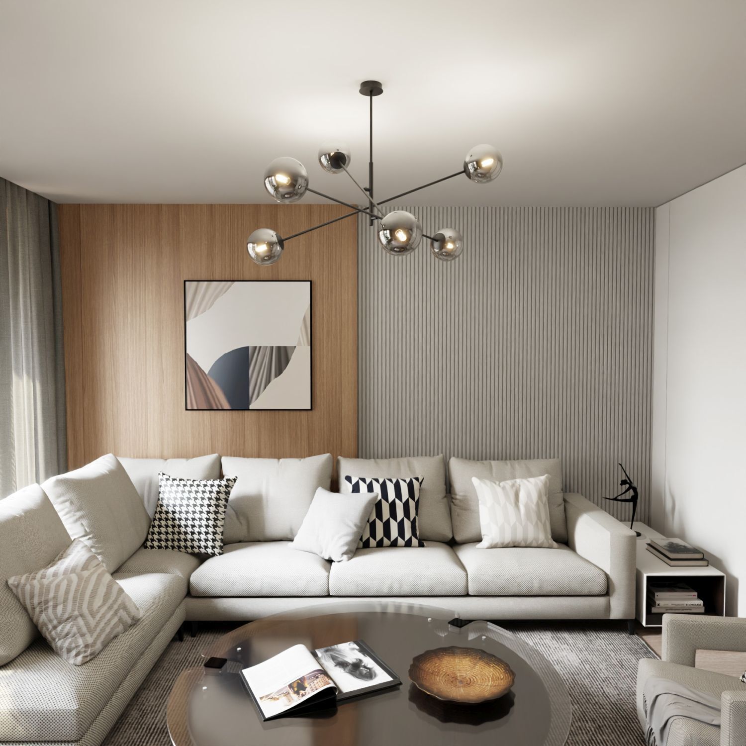 Deckenleuchte Rauchglas Metall 102 cm schwenkbar E14 6-flammig Dekoration für Zuhause, Wohnzimmer, Couch, Lampe, Tabelle