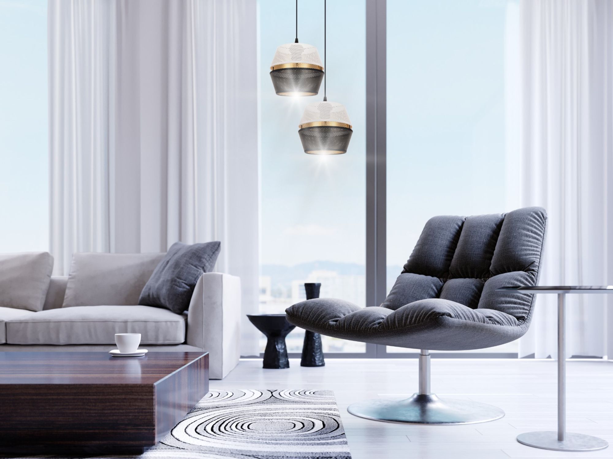 Hängelampe Schwarz Weiß Gold Metall 2-flmg B:40 cm E27 Moebel, Inneneinrichtung, Stuhl, Wohnzimmer, Zimmer