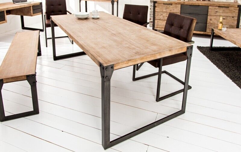 Table de salle à manger 200x90 cm en naturel cérusé noir piétement traîneau Moebel, Tabelle, Tischplatte, Kaffeetisch, Esstisch