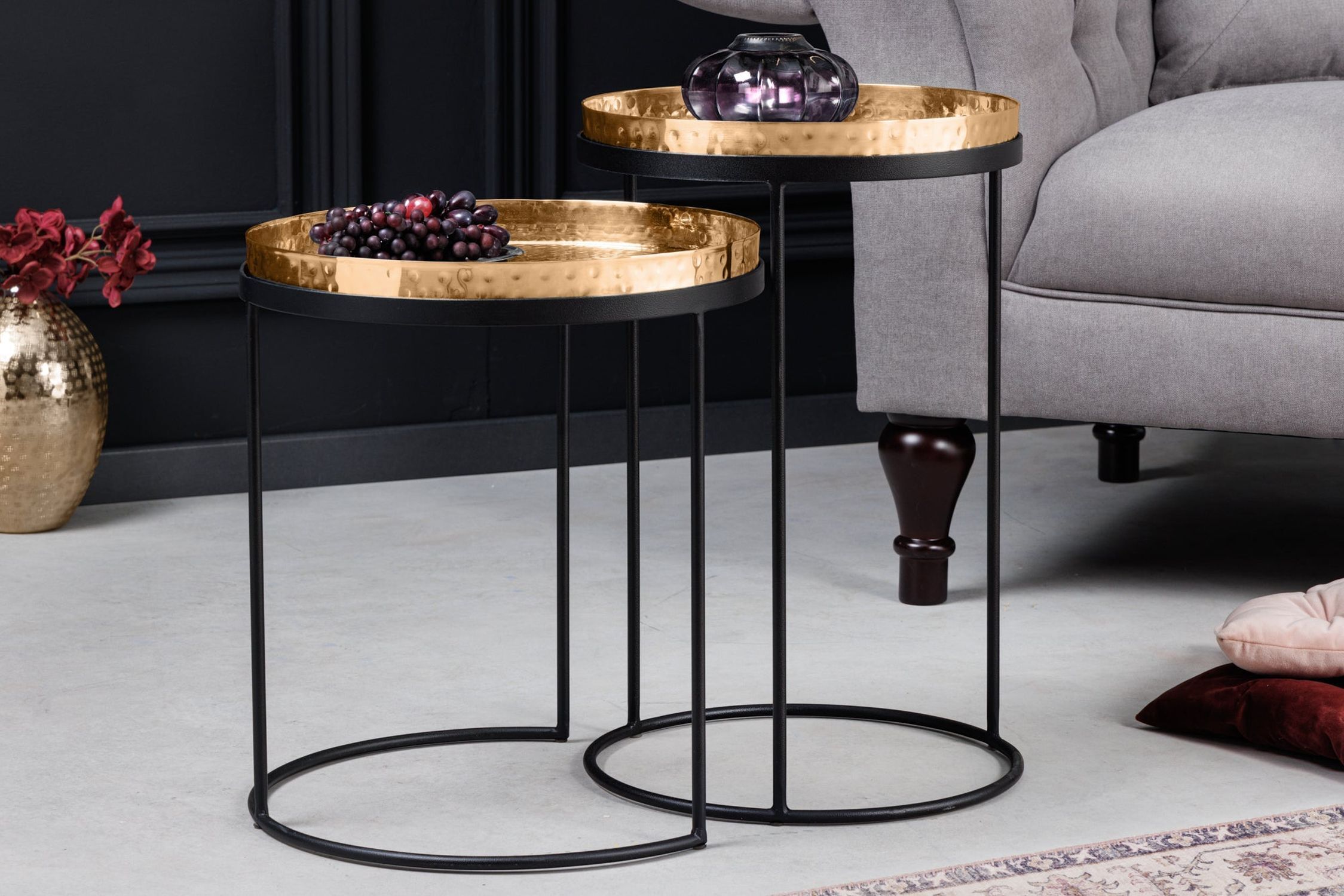 Set de 2 tables d'appoint en or Noir avec plateau Travail manuel Moebel, Tabelle, Kaffeetisch, Tischplatte