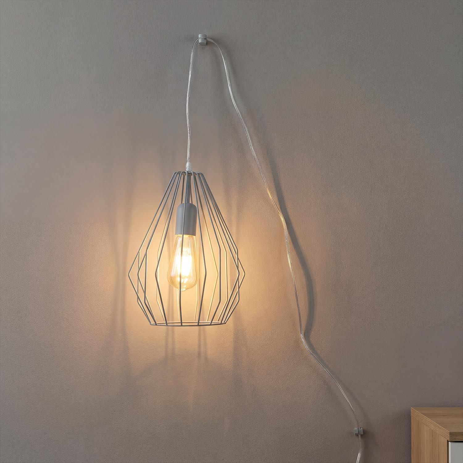 pendelleuchte-haengelampe-mit-stecker-kabel-schalter-draht-gestell-metall-grau-2 pendant light, Käfig-Lampe, Offener Glühbirne, Wandaufhängung, Netzkabel