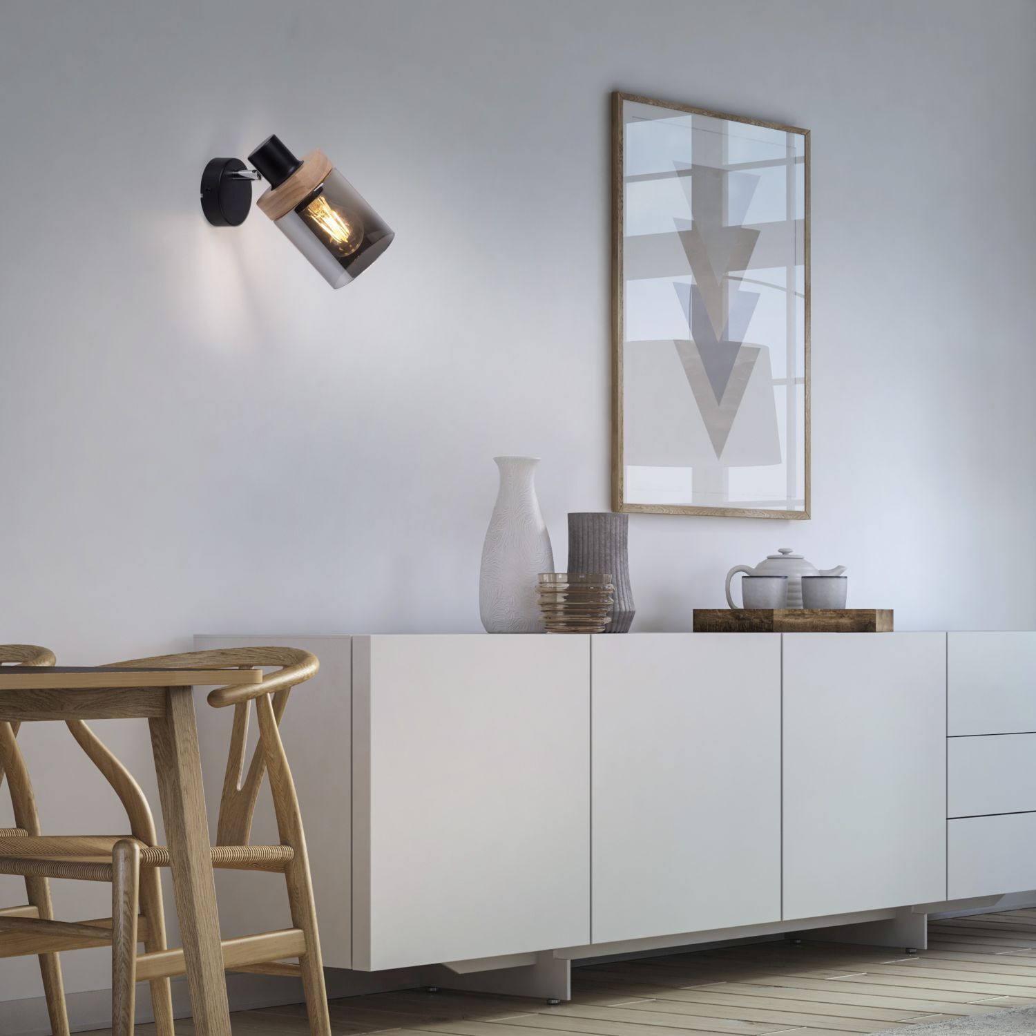 Applique murale verre fumé bois E27 P:19 cm réglable Moebel, Anrichte, Innenarchitektur, Lampe, Beleuchtung