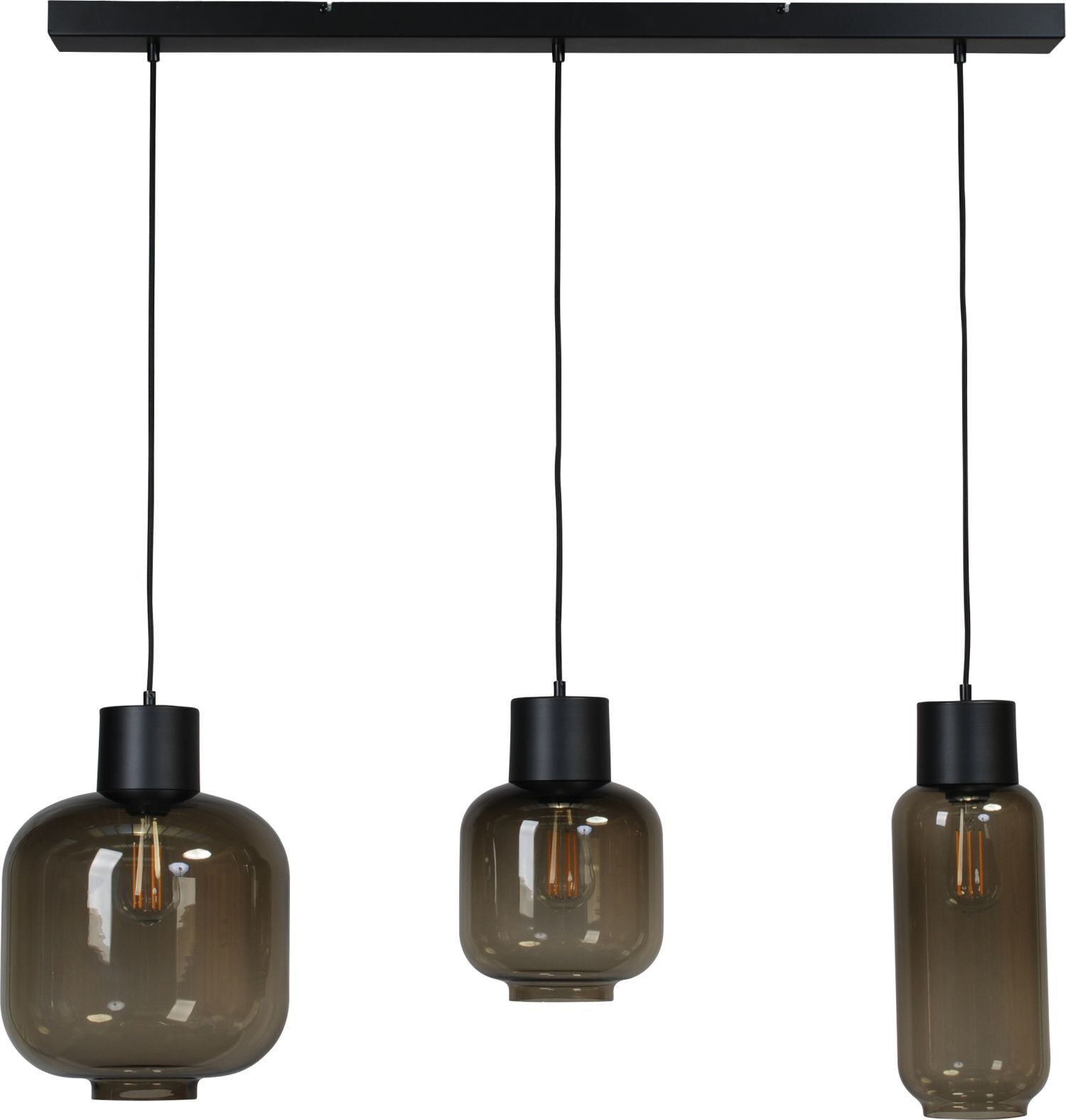 Lampe à suspendre 3 flammes 100 cm de large verre fumé métal