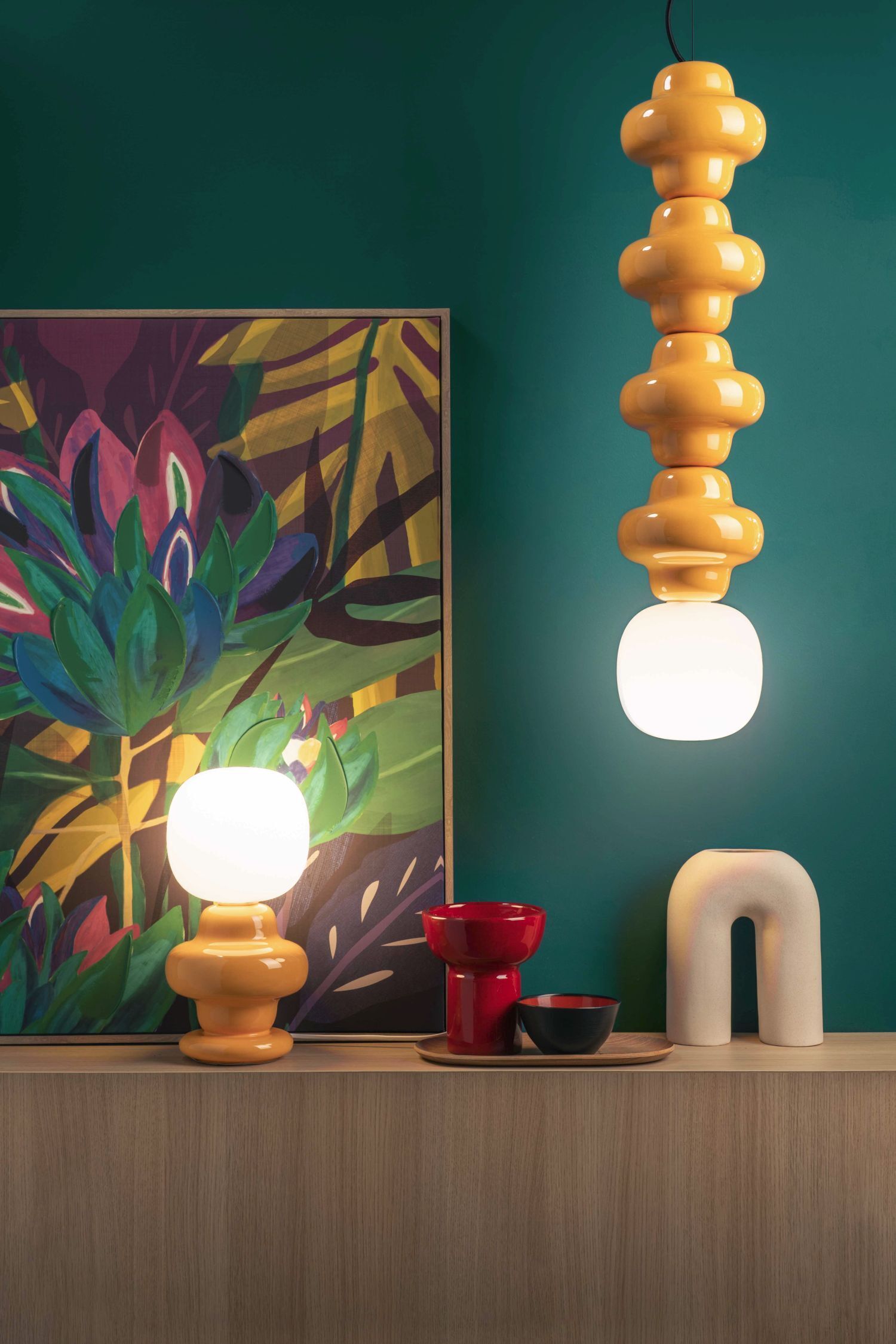 Lampe à suspendre céramique verre jaune blanc E14 design rétro