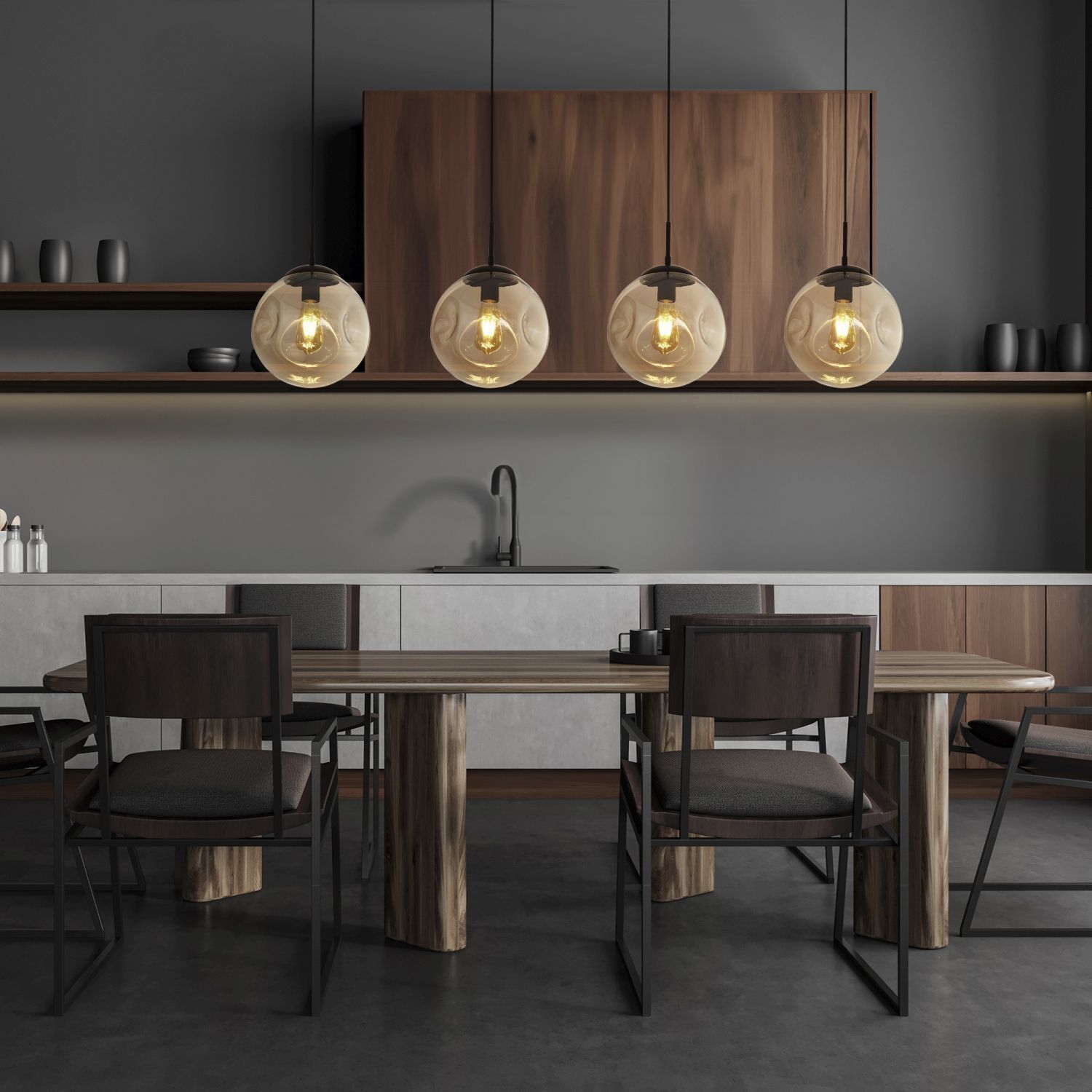 Suspension 4 flammes E27 noir champagne verre Suspension 4 flammes E27 noir champagne verre