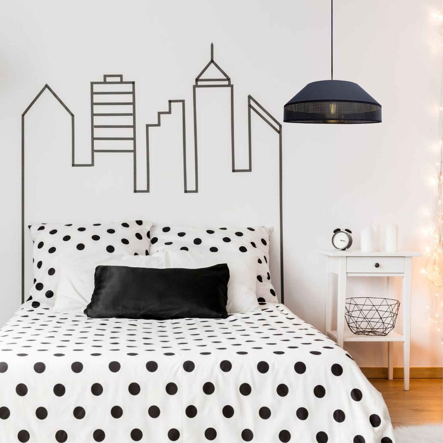 Schwarze Hängelampe blendarm Stoff wohnlich B:45 cm E27 Polka dot, Bettwäsche, Schwarz-weiß, Nachtschränkchen, Pendelleuchte