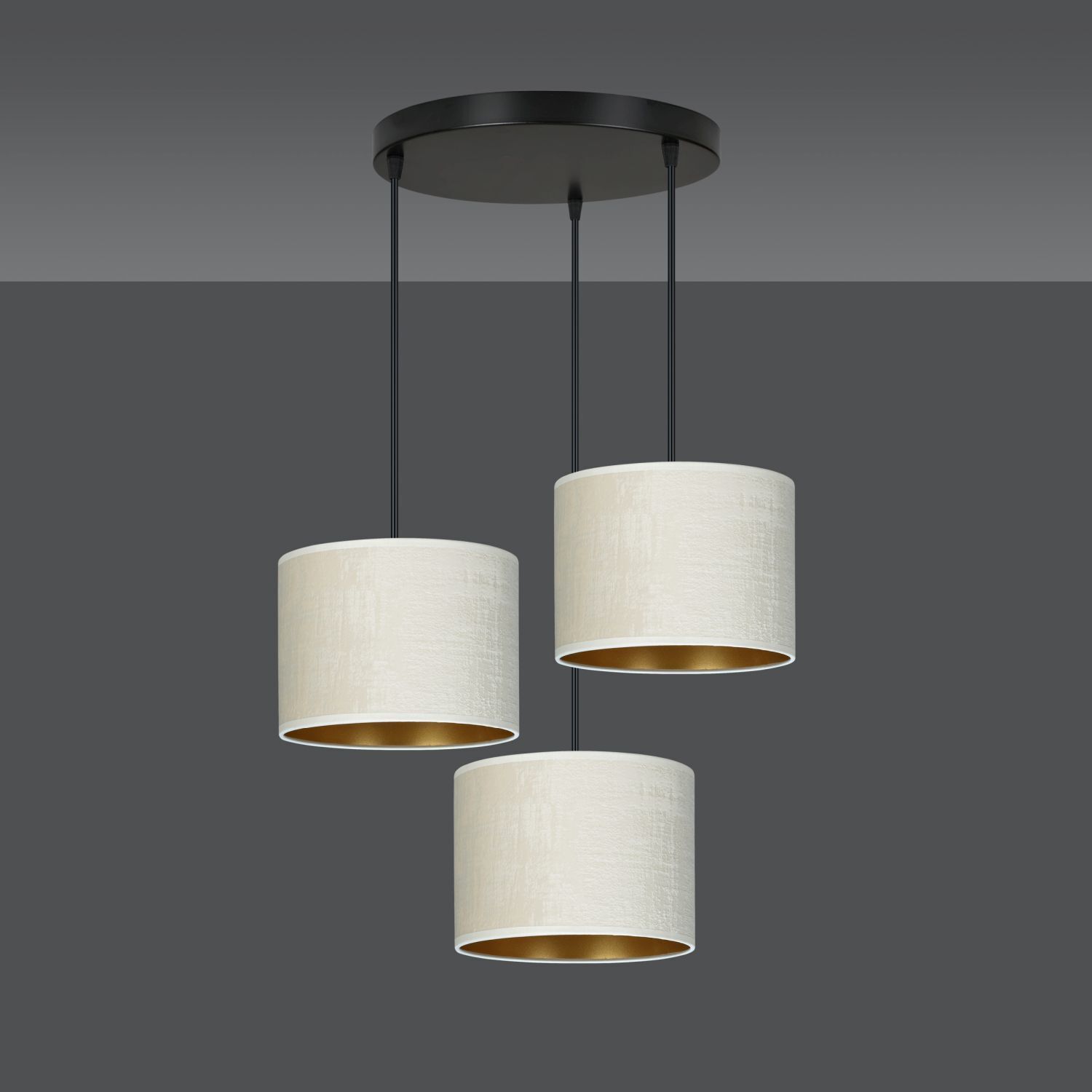 Suspension Blanc Or Noir Métal Tissu E27 3 flammes