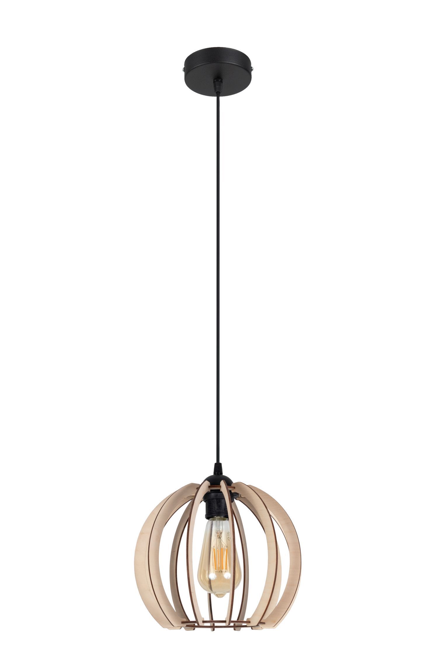 Runde Pendelleuchte Holzschirm Metall E27 Kugel Ø24 cm Hängelampe, Lampe, Birne, Holz, Kugel-Lampenschirm