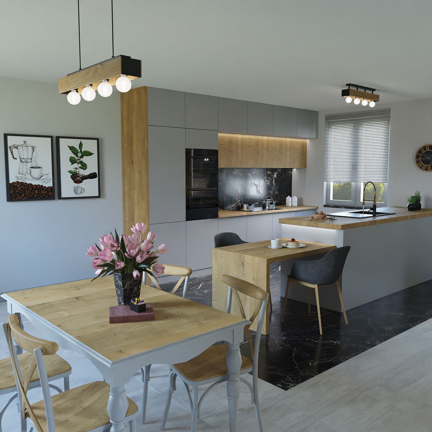 Suspension bois métal 4-flmg 76 cm en noir naturel Speisesaal, Esstisch, Tisch, Innenarchitektur, Lampe