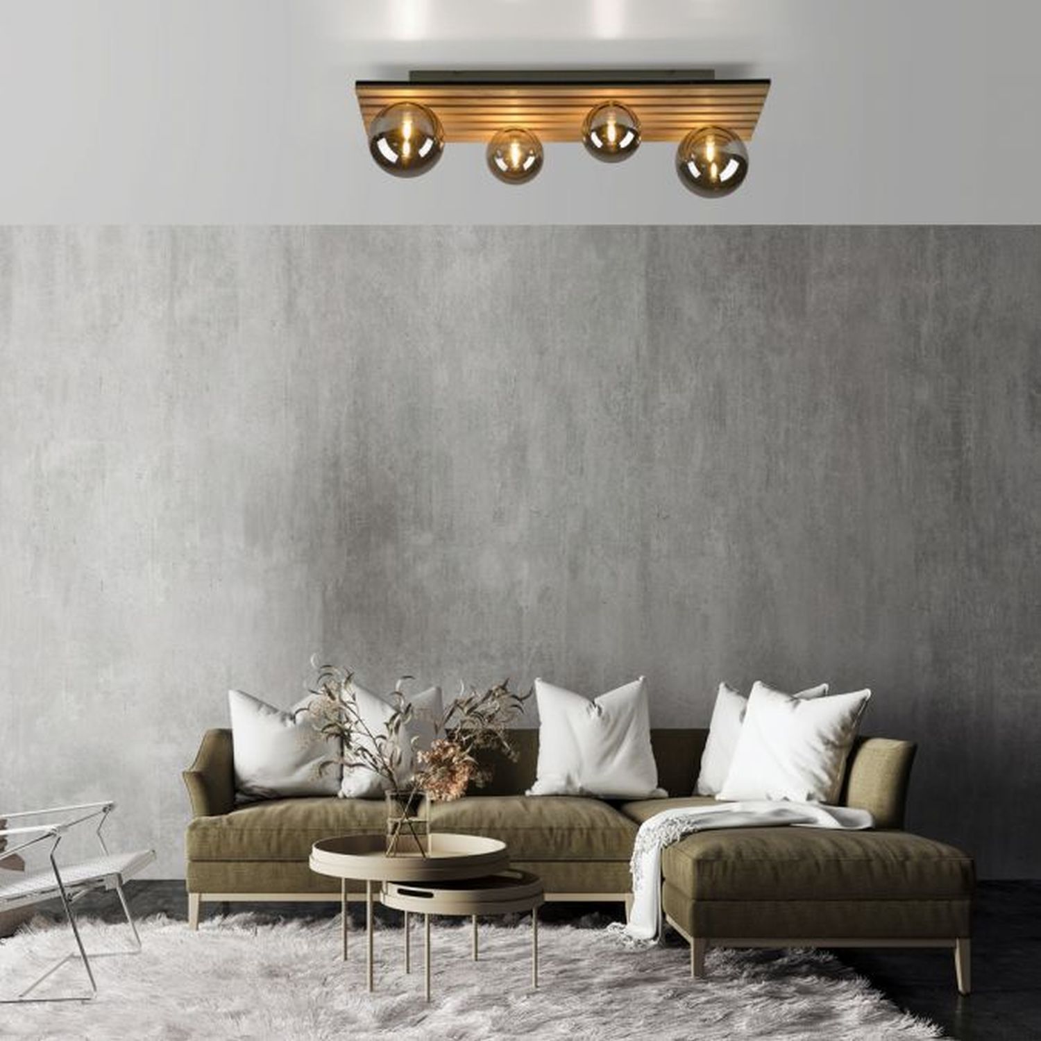 Lampe de plafonnier confortable Boules de verre Bois G9 80 cm Naturel Dekoration für Zuhause, Kissen, Innenarchitektur, Couch, Wohnzimmer