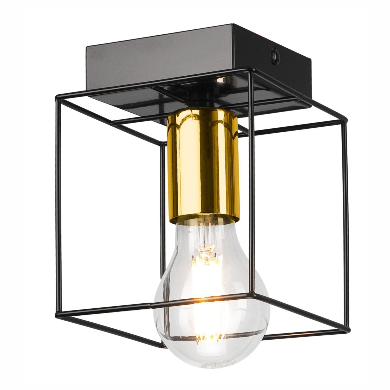 Plafonnier rectangulaire petit E27 fil métallique cube noir or