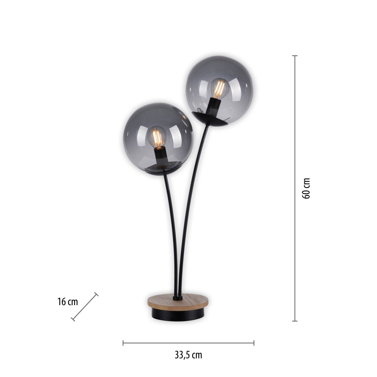 Lampe de table stylée verre fumé bois E14 60 cm 2 flammes Lampe