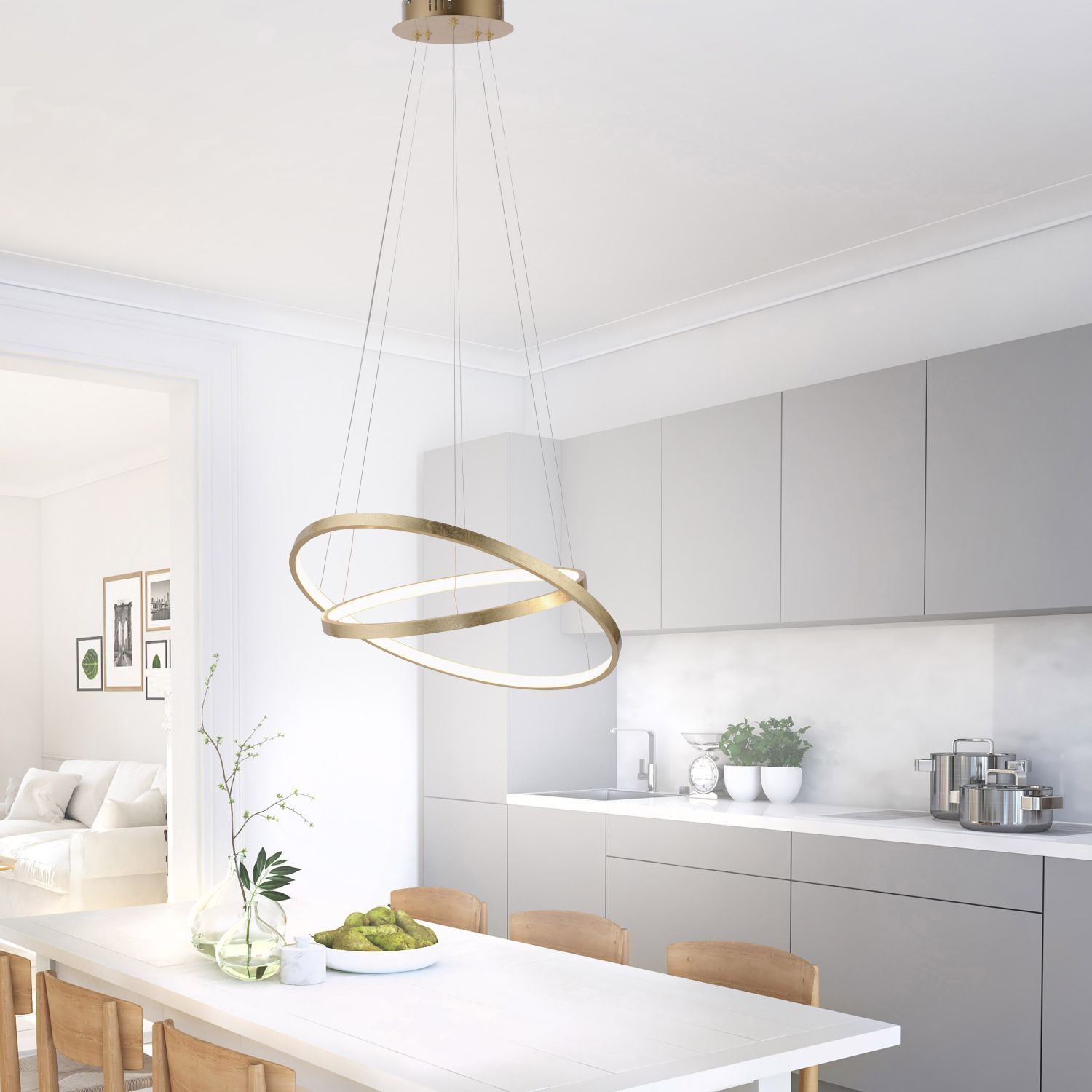 LED Pendelleuchte Ringe in Gold Metall Ø50 cm 3000 K Drinnen, Innenarchitektur, Esszimmer, Esstisch, Küche