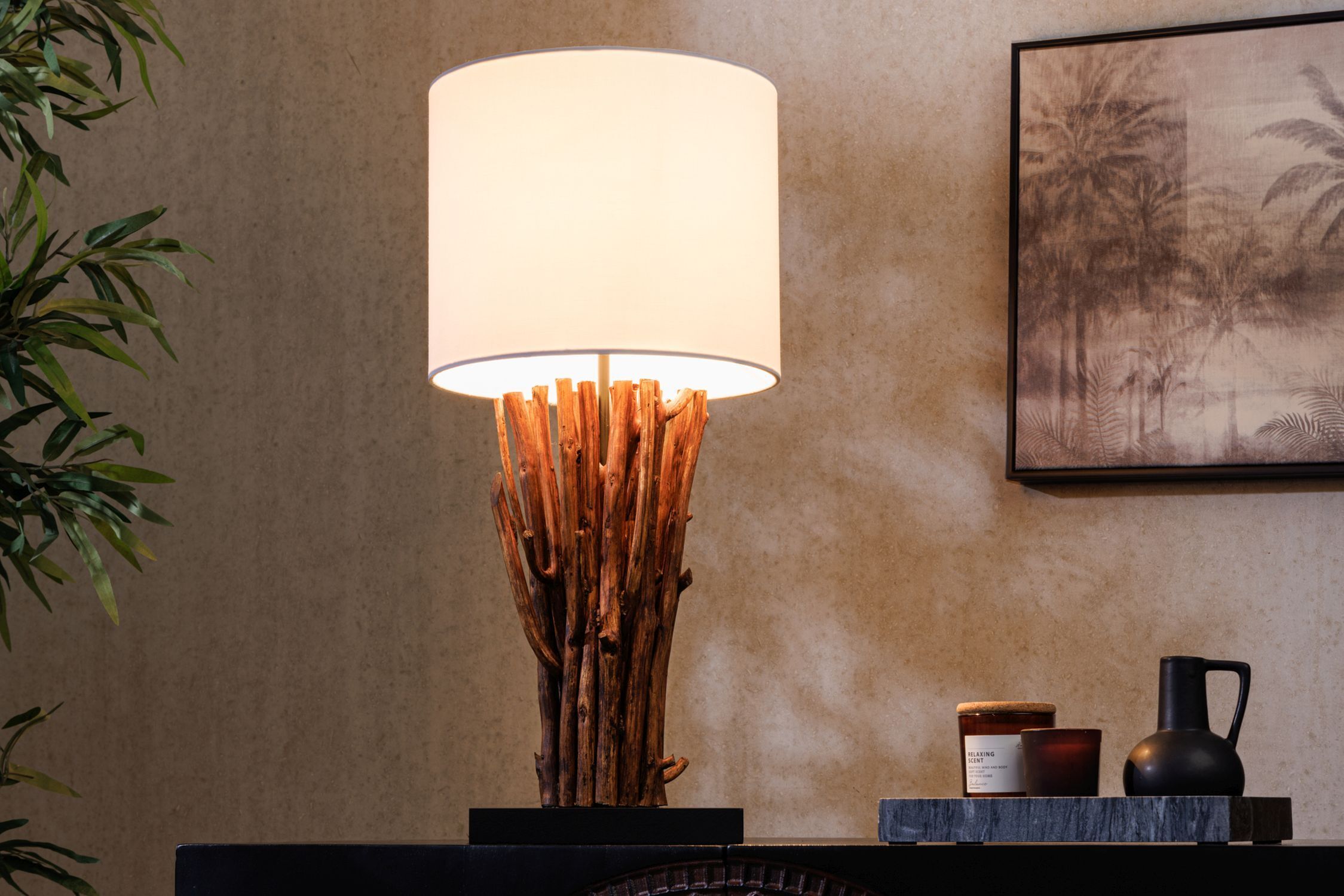 Lampe de table Blanc Bois Tissu E27 H:58 cm confortable